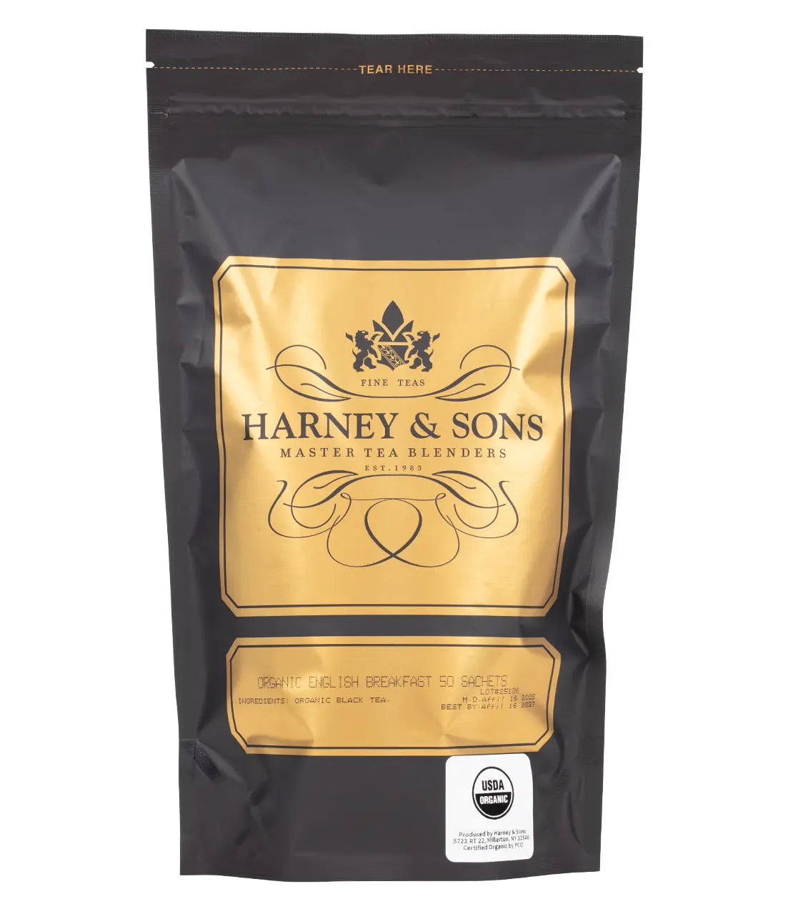 Harney & Sons tea package with gold label on a white background