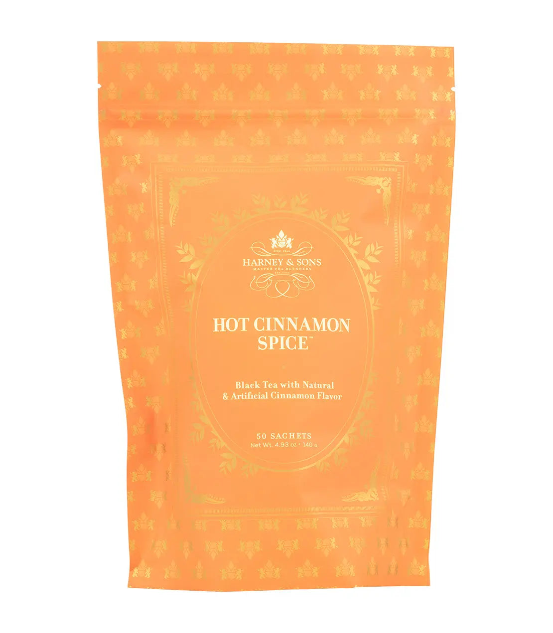 Harney & Sons Hot Cinnamon Spice black tea with 50 sachets, warm orange packaging, cozy home decor gift