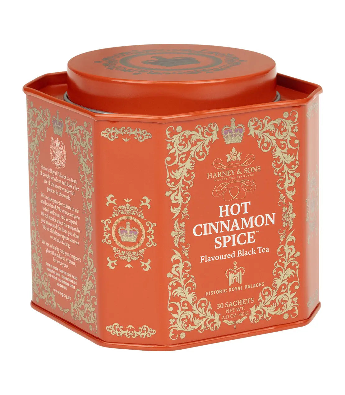 Hot Cinnamon Spice flavoured black tea in ornate red tin, 30 sachets, Historic Royal Palaces collaboration