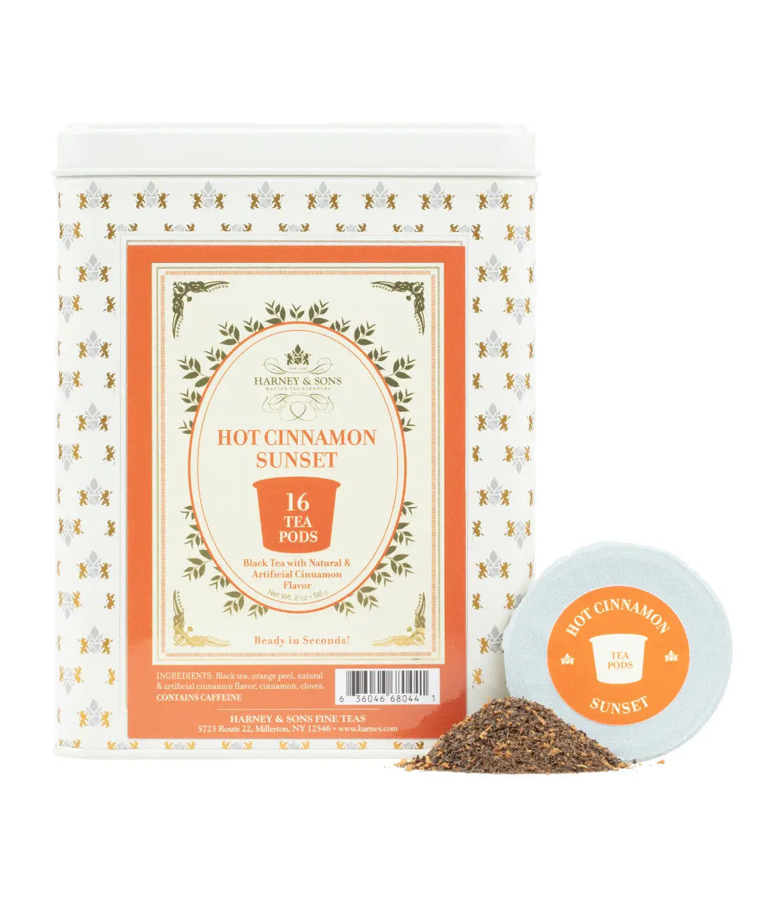 Hot Cinnamon Sunset tea pods in decorative tin, cozy farmhouse-style tea gift with loose leaf sample