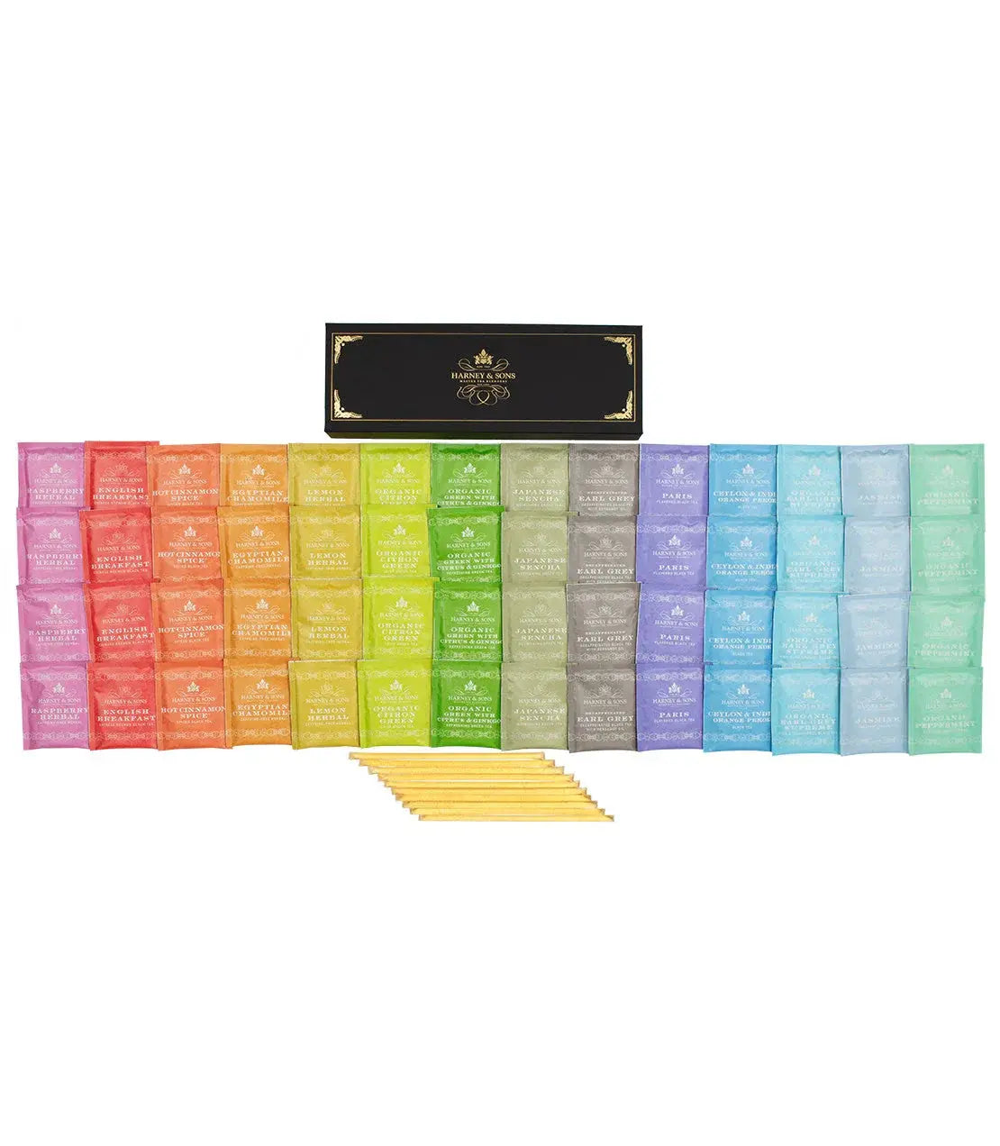 Harney & Sons tea sampler with colorful sachets and elegant black gift box, perfect for cozy home tea moments