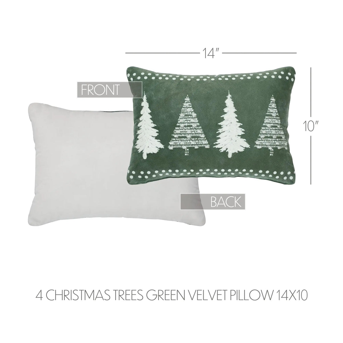 A green velvet rectangular lumbar pillow with four white Christmas tree designs and white dotted trim, shown alongside a plain white pillow. The image includes dimension labels indicating 14 by 10 inches and front/back views.