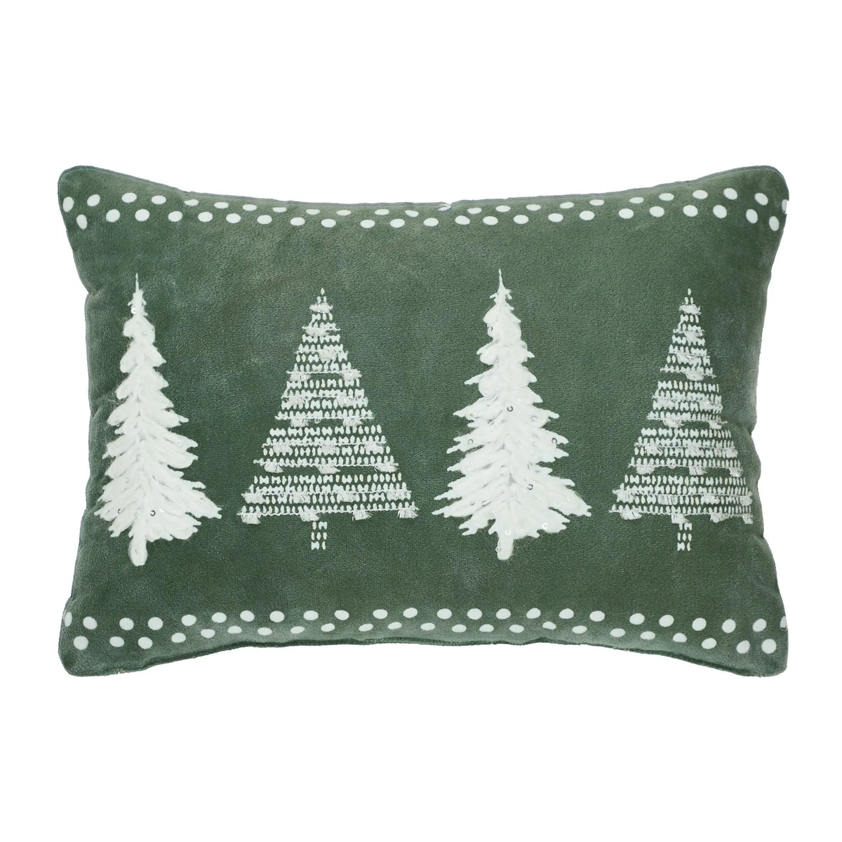 A rectangular dark green throw pillow featuring four white embroidered Christmas trees and white polka dot trim along the border, shown against a plain white background.