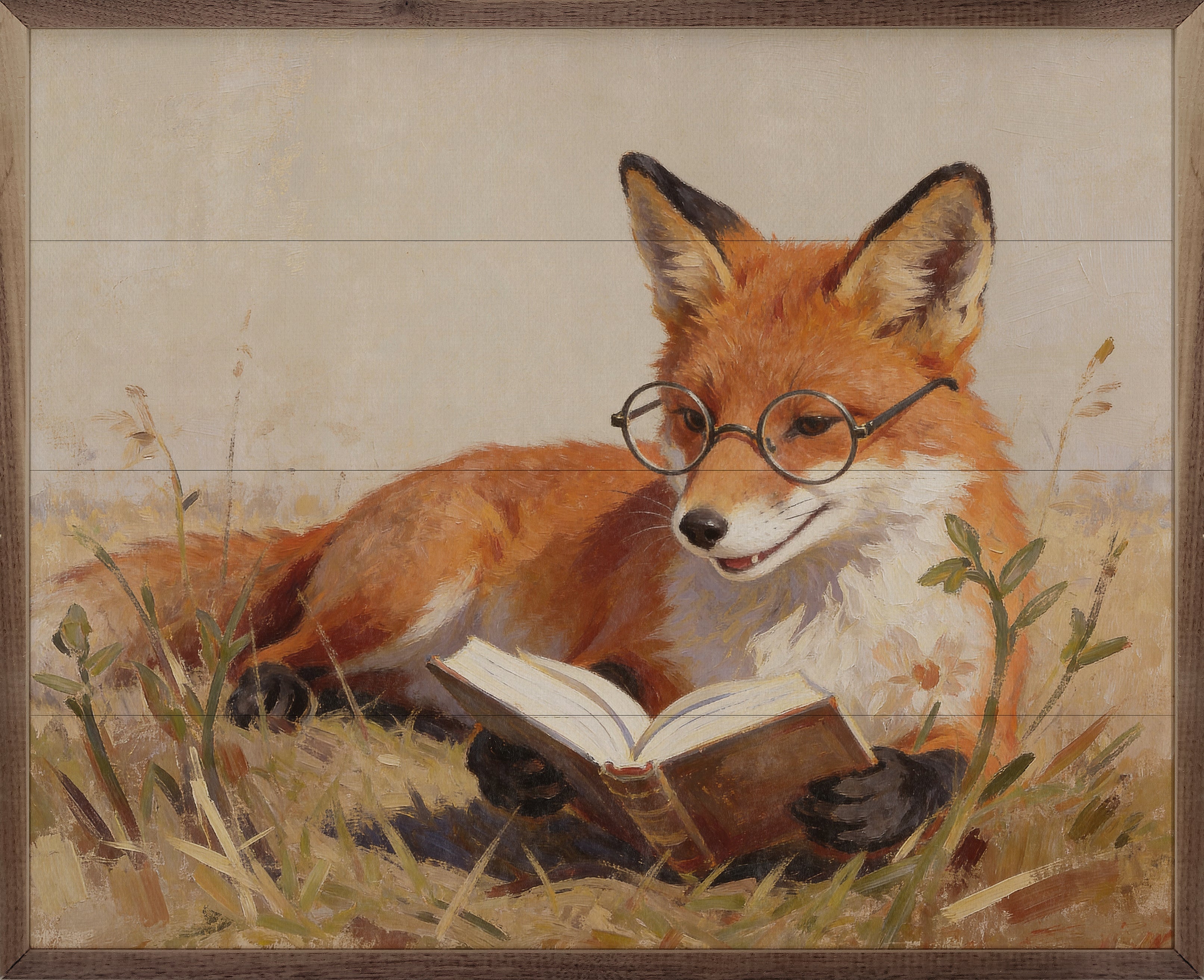 A framed painting of a red fox lying in grass and reading an open book, wearing round glasses. The artwork fills the frame with a visible wooden border.