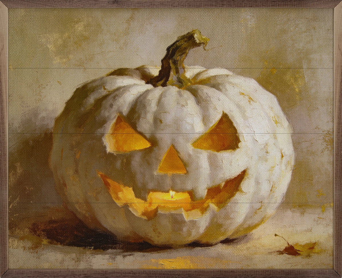 Carved pumpkin with a jack-o'-lantern face on a textured background