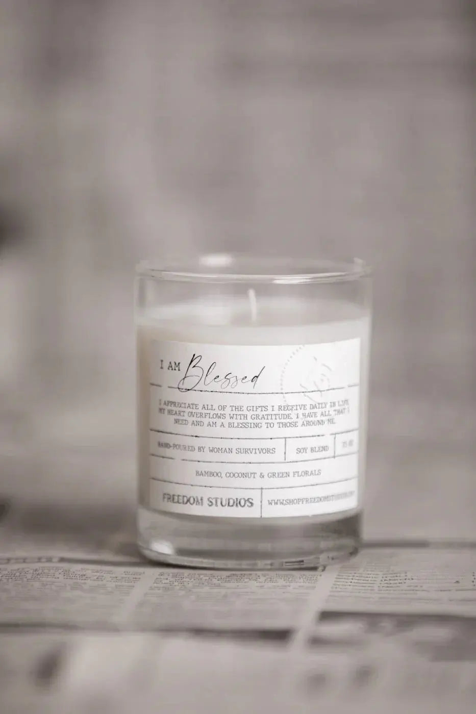 I Am Blessed soy candle with bamboo coconut green florals, cozy farmhouse home decor