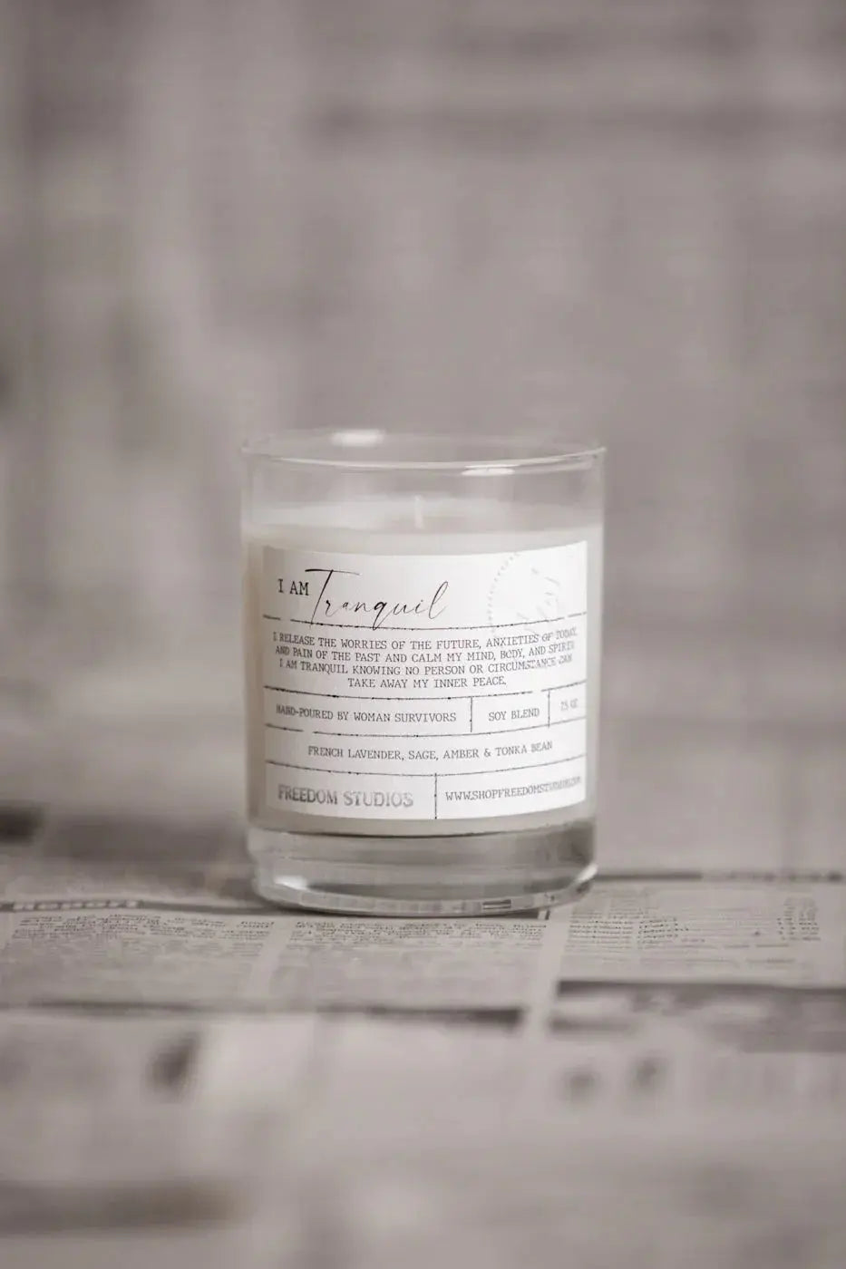 I Am Tranquil soy candle with calming lavender sage scent, farmhouse home decor, hand-poured by women survivors