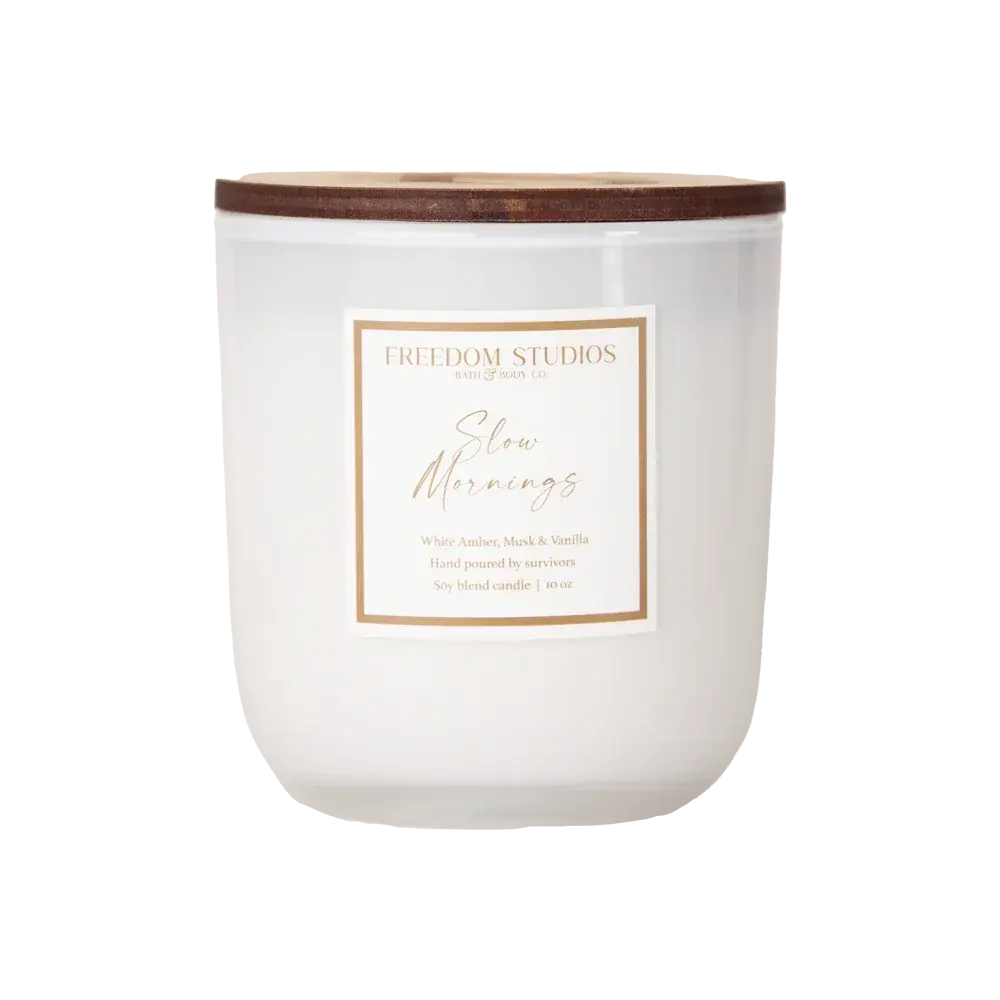 Slow Mornings soy candle in frosted glass with wooden lid, farmhouse home decor
