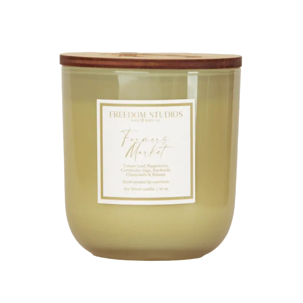 Farmers Market soy candle in green glass jar with wooden lid, cozy home decor scent