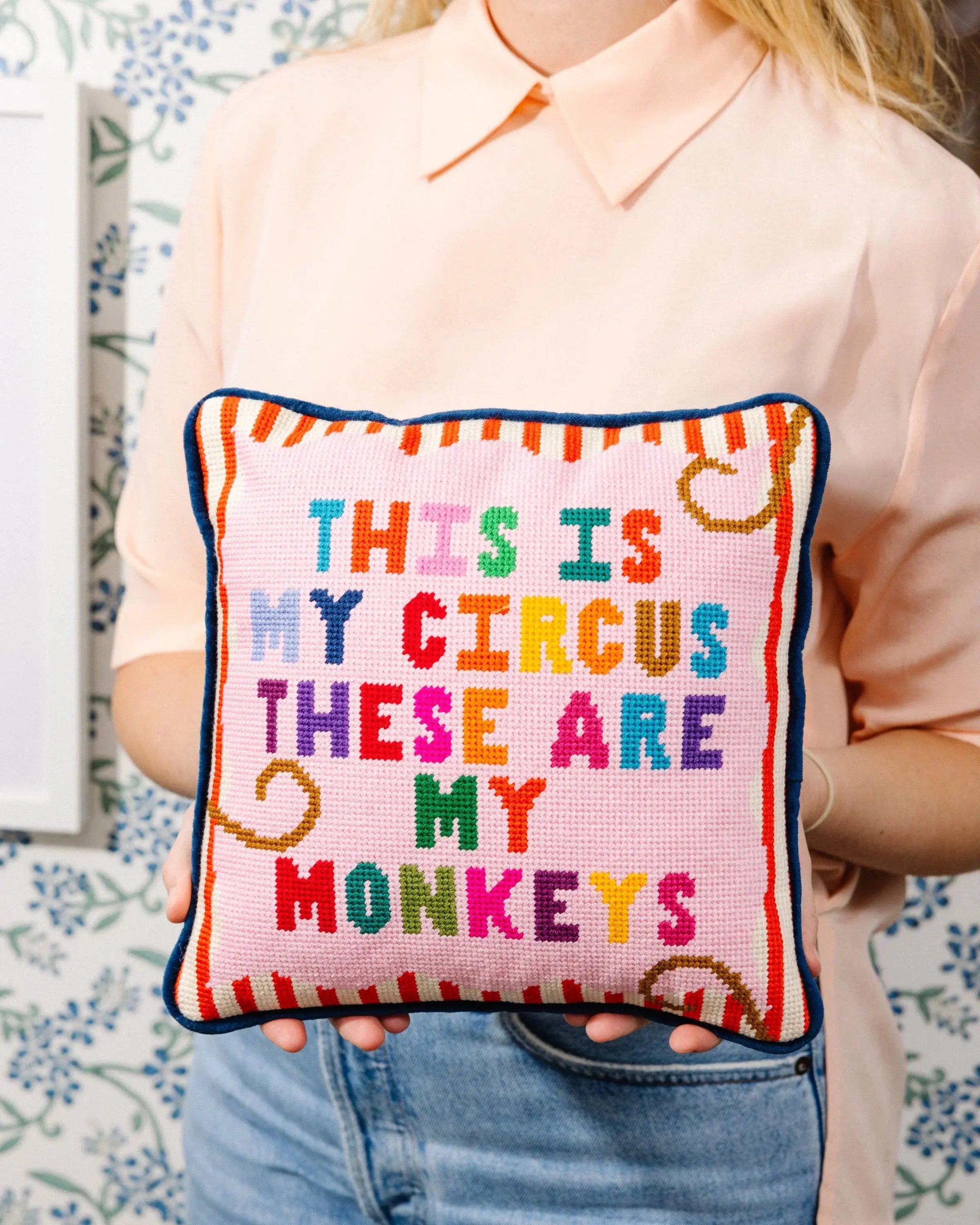 Colorful needlepoint pillow with 'This is my circus, these are my monkeys' quote, farmhouse decor accent