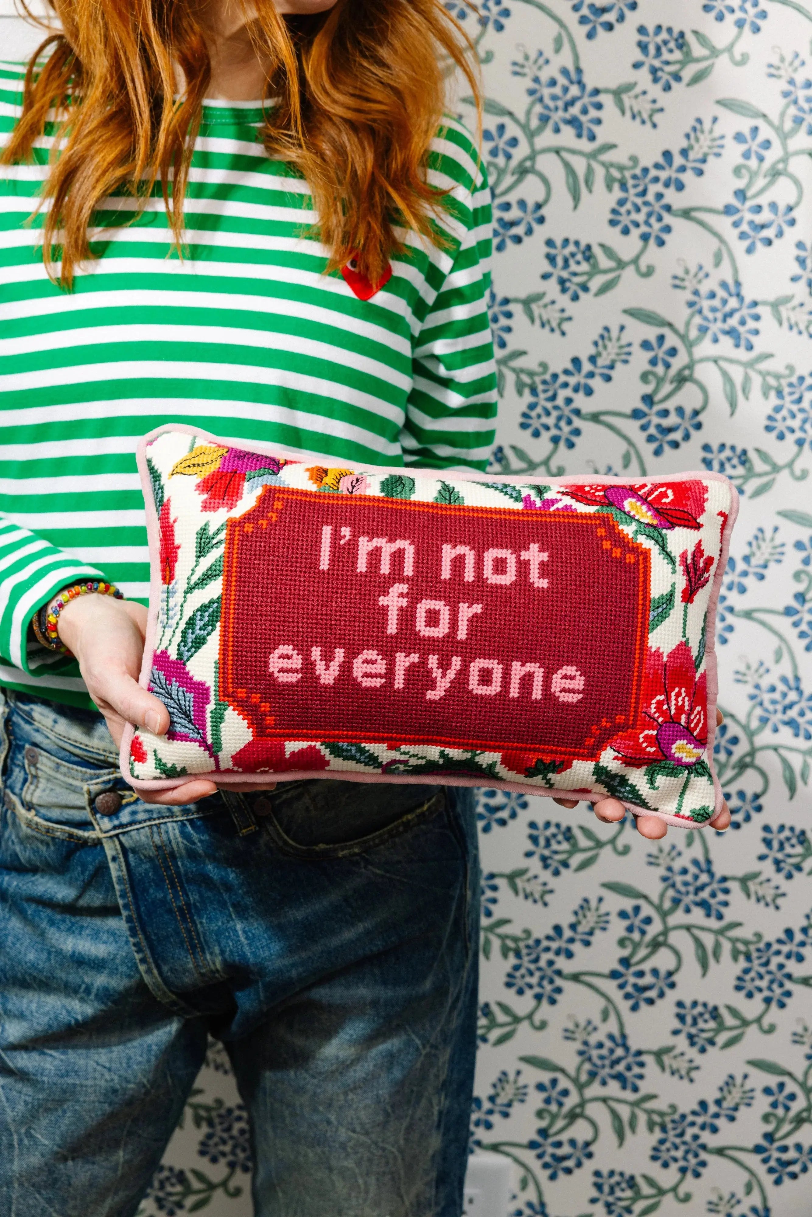 Floral embroidered pillow with 'I'm not for everyone' text, cozy farmhouse decor