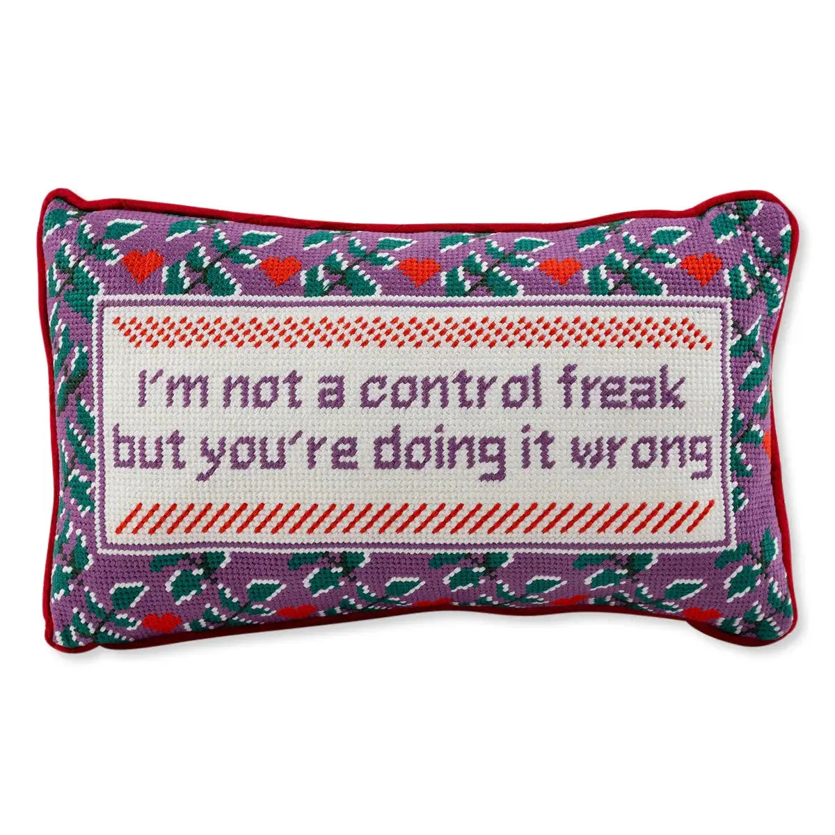 Purple floral needlepoint pillow with funny quote, cozy farmhouse decor accent