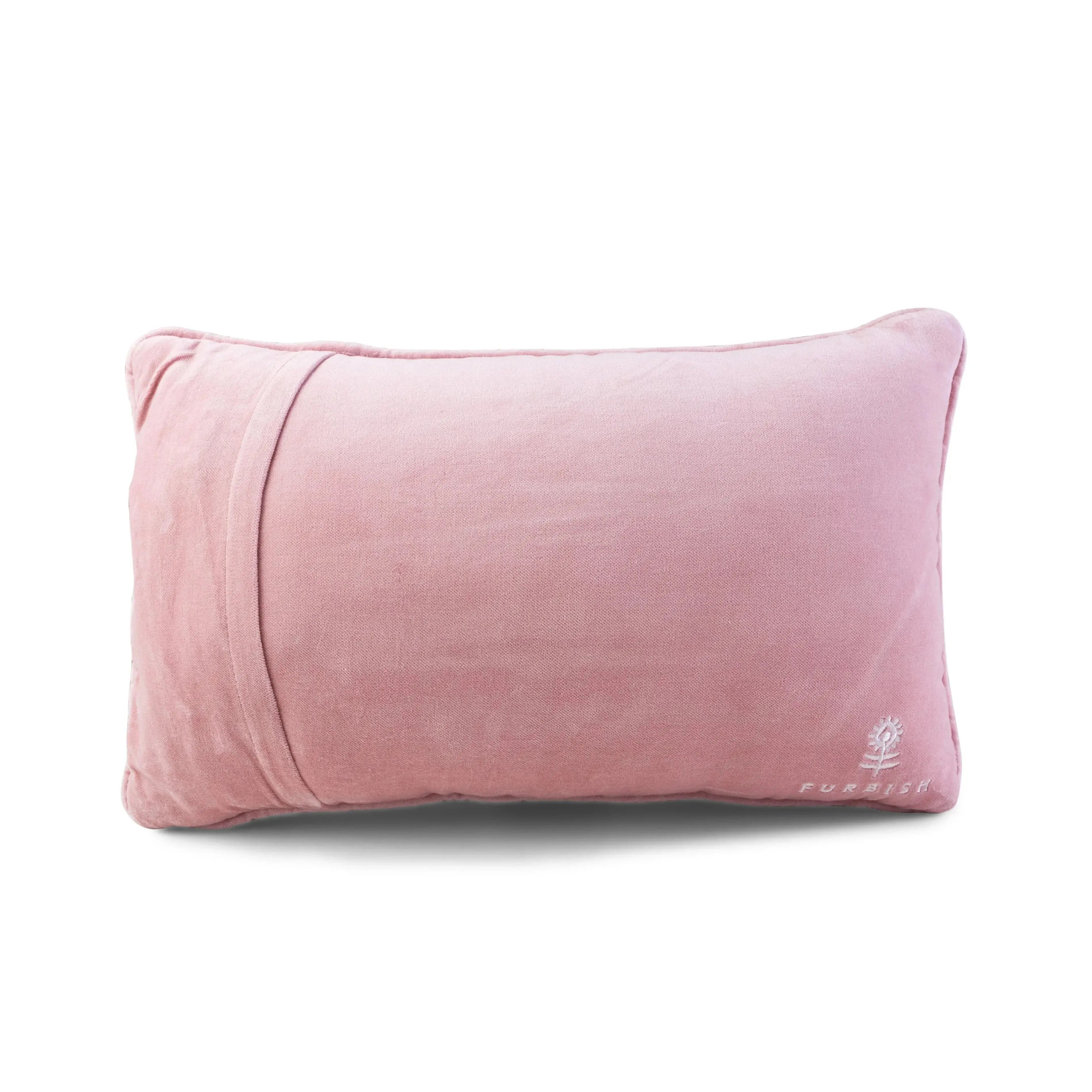 Soft pink velvet lumbar pillow with embroidered logo, perfect for cozy farmhouse decor