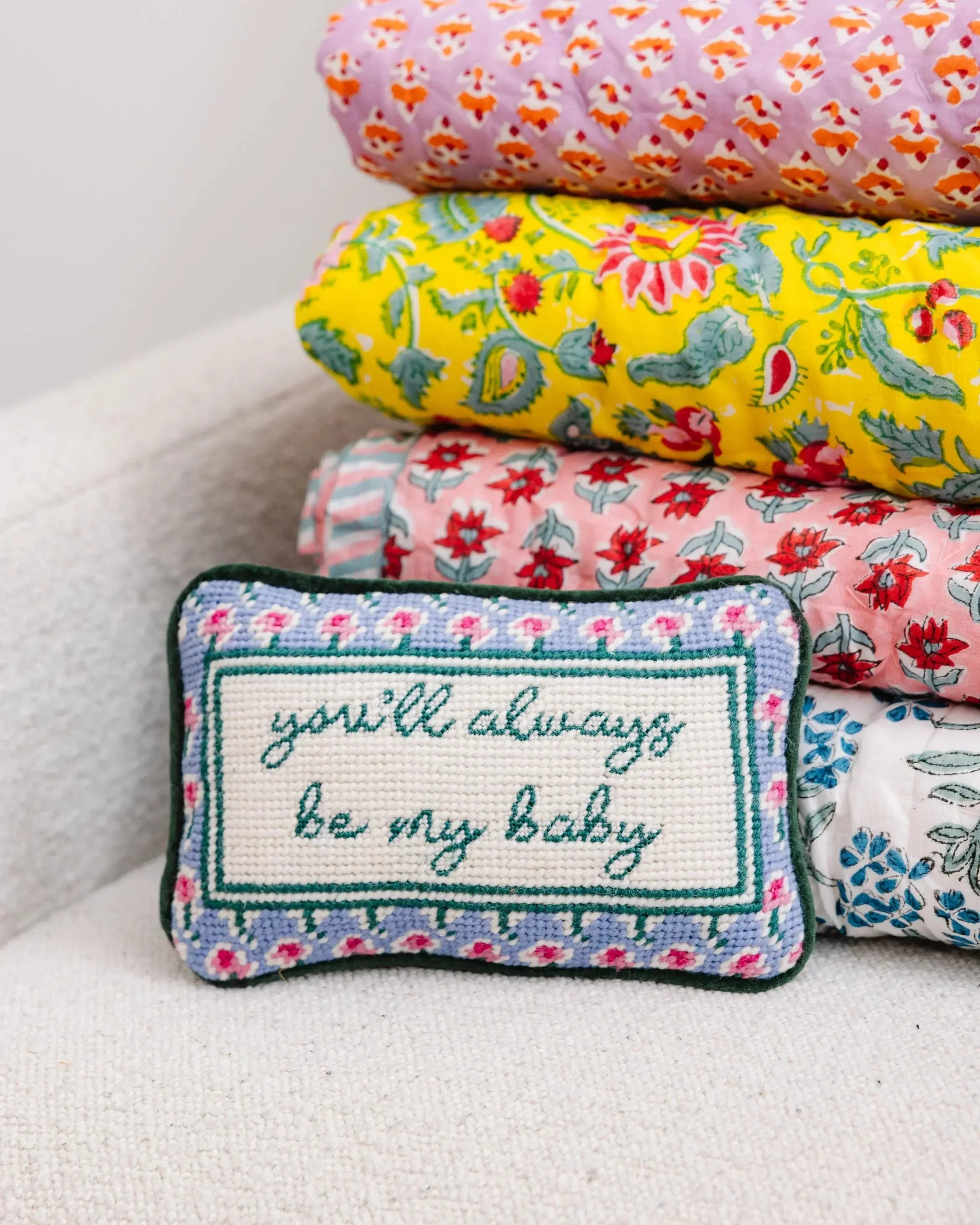 You'll Always Be My Baby needlepoint pillow with floral quilts, cozy farmhouse decor
