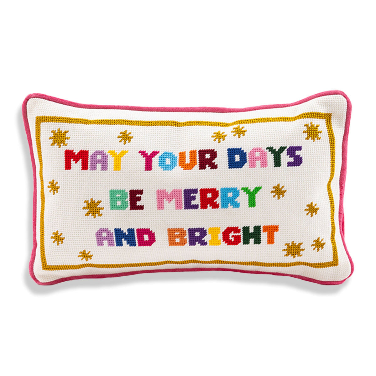 Decorative pillow with colorful text and star patterns on a white background