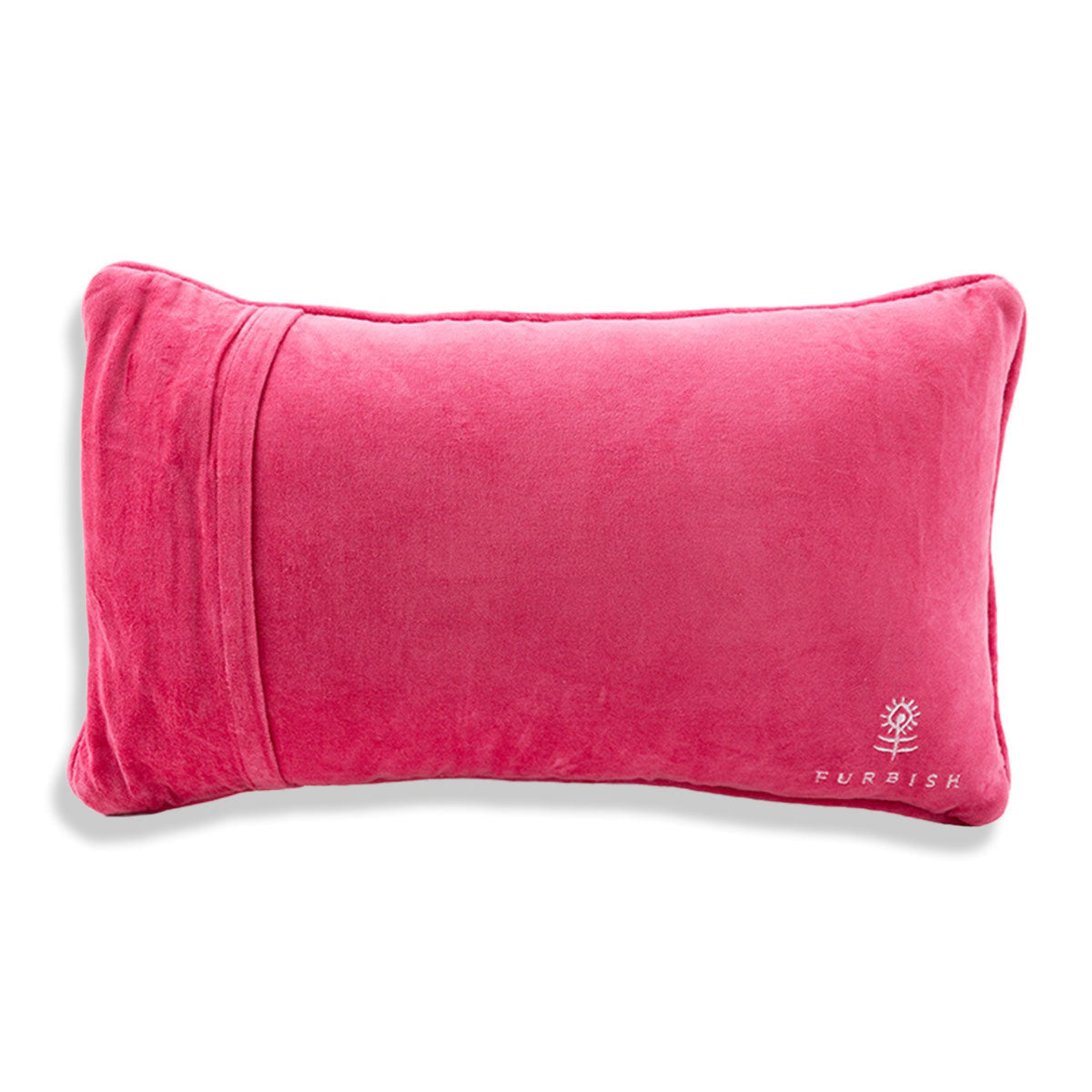 Pink pillow with a brand logo on a white background