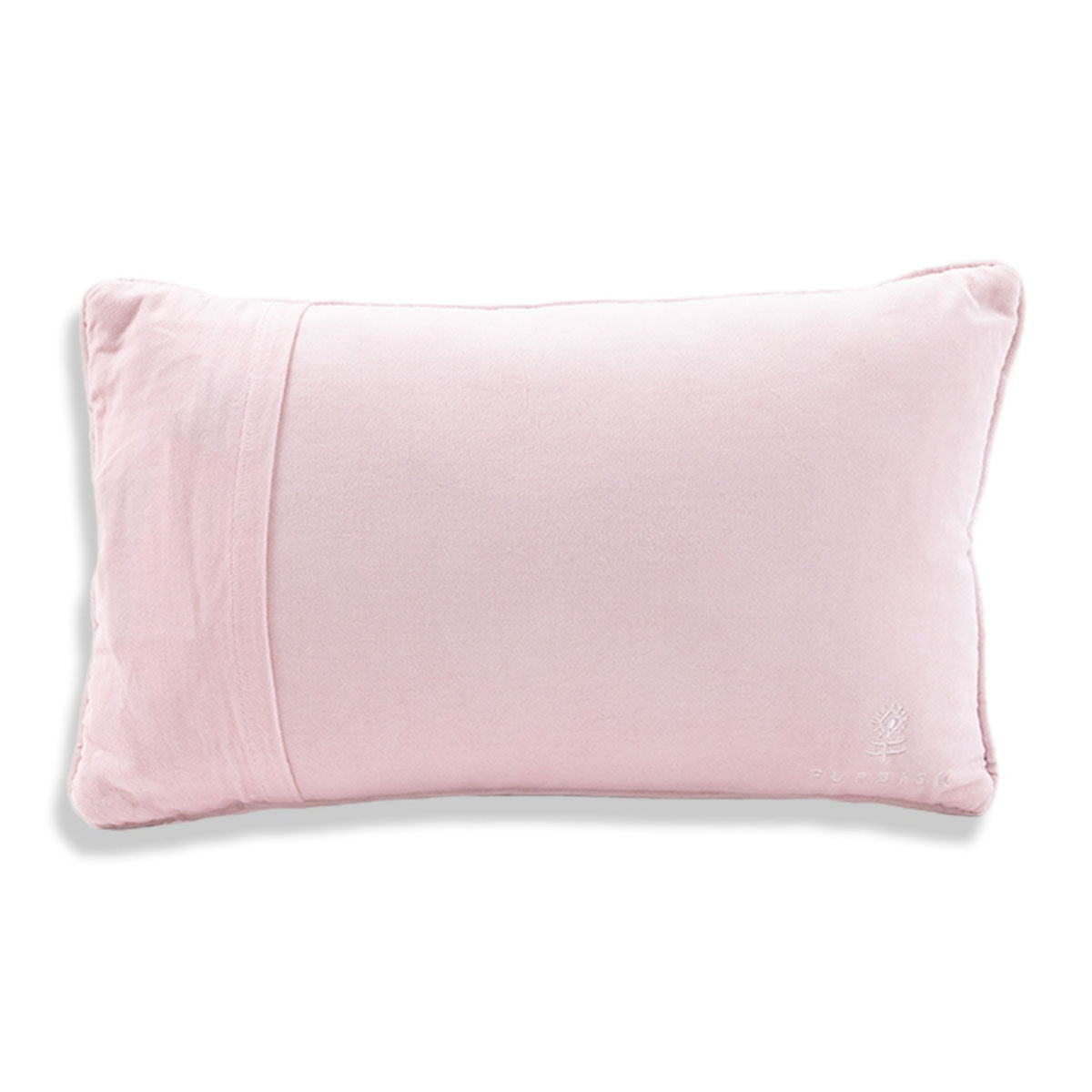 A light pink rectangular lumbar pillow with a subtle vertical seam detail on the left side, shown against a plain white background.