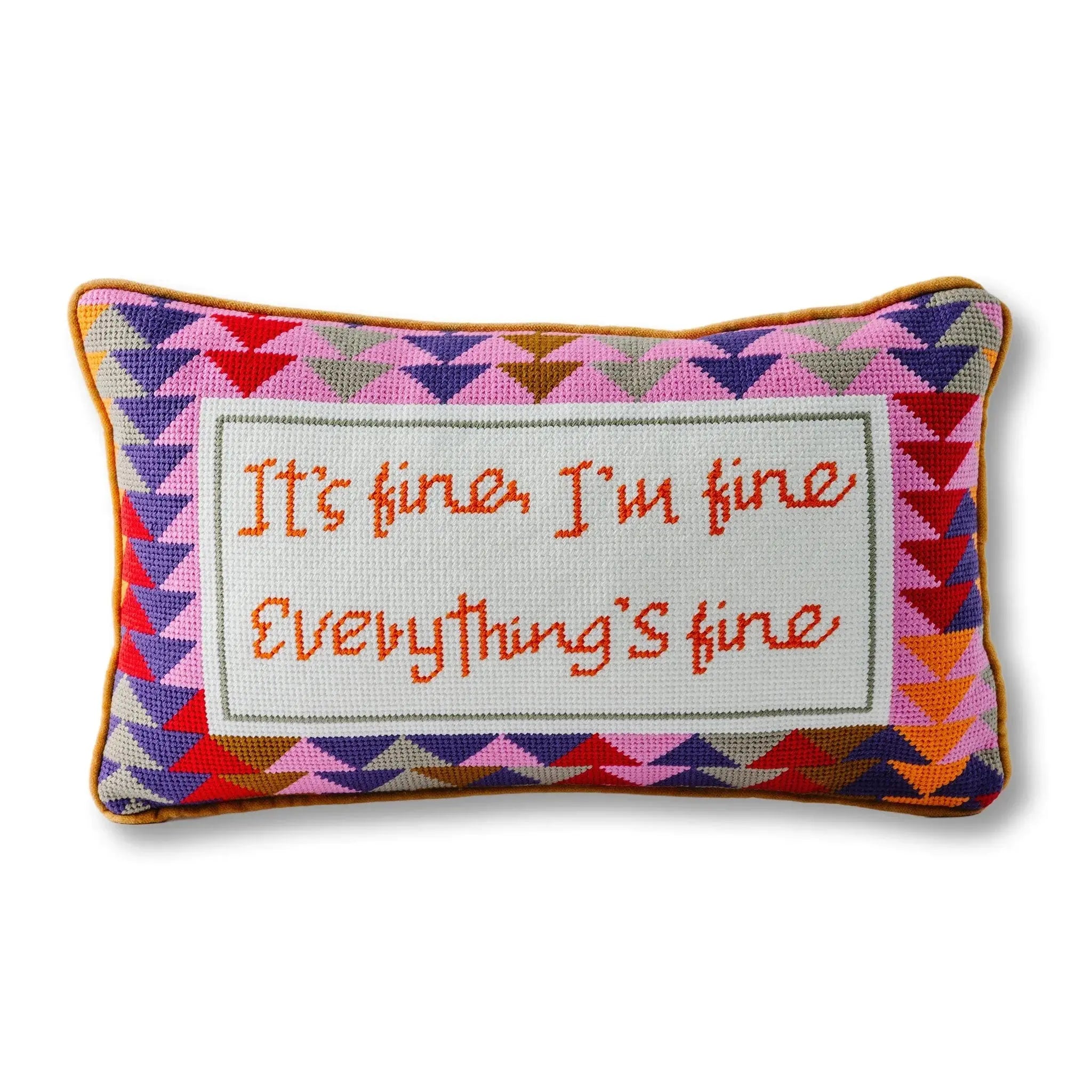 Decorative pillow with geometric pattern and text 'It's fine, I'm fine Everything's fine' on a white background