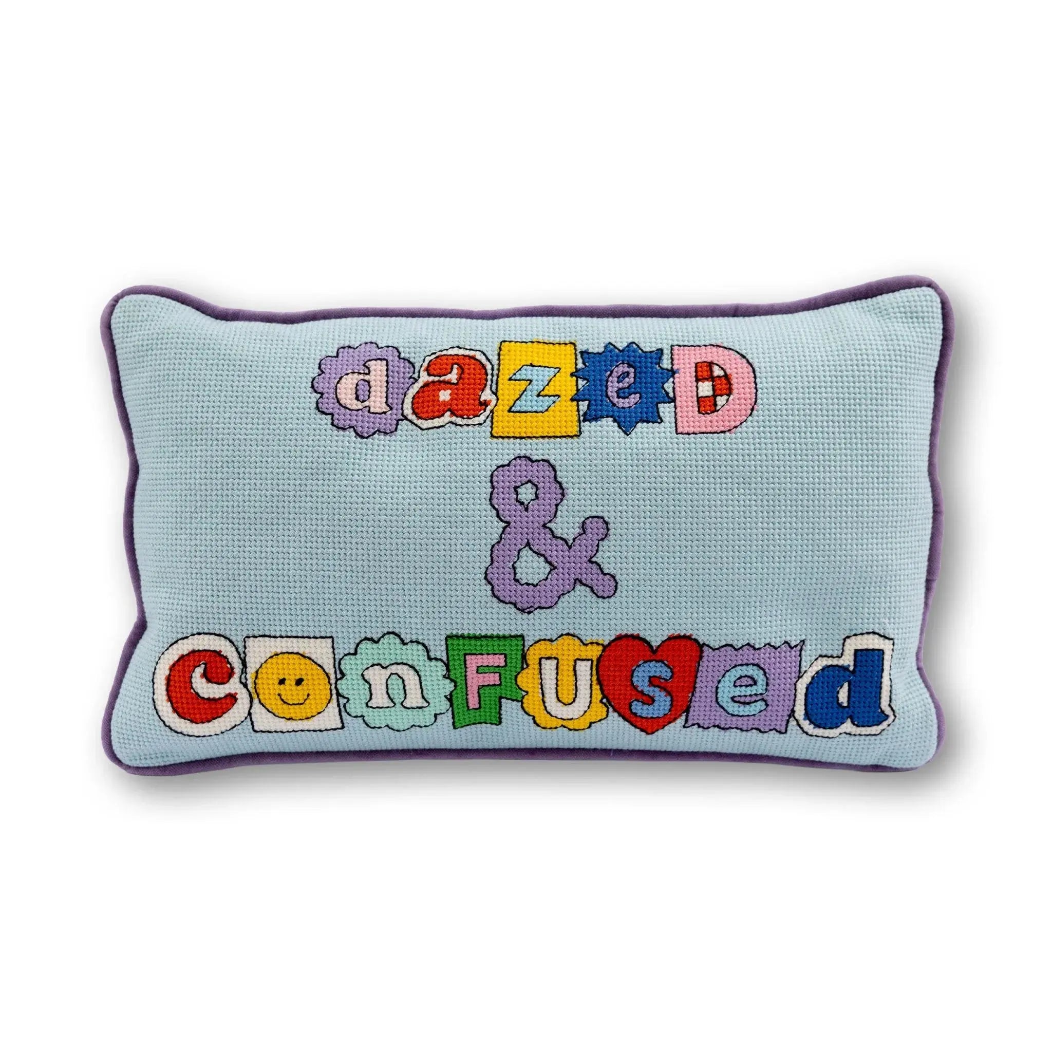 Decorative pillow with 'dazed & confused" on a white background
