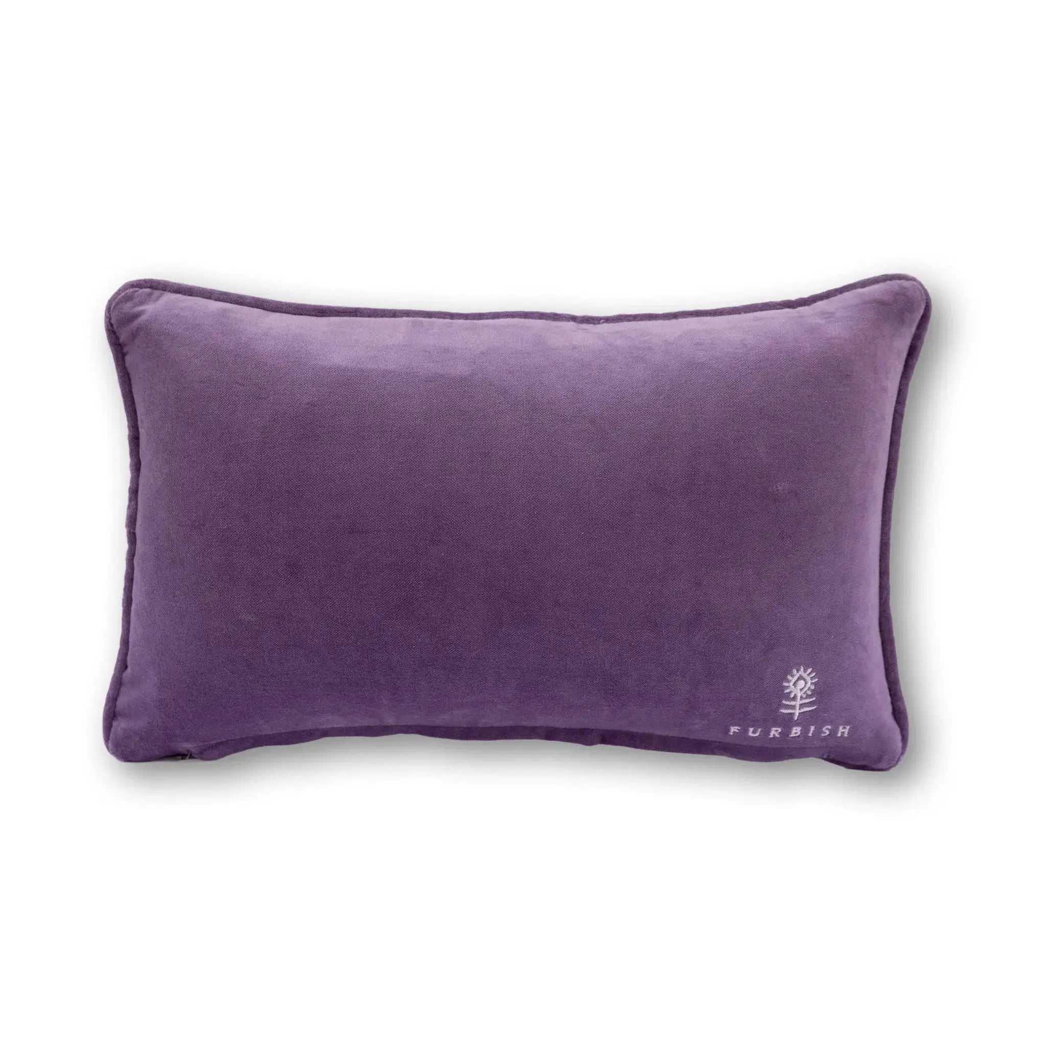 Purple pillow with a brand logo on a white background