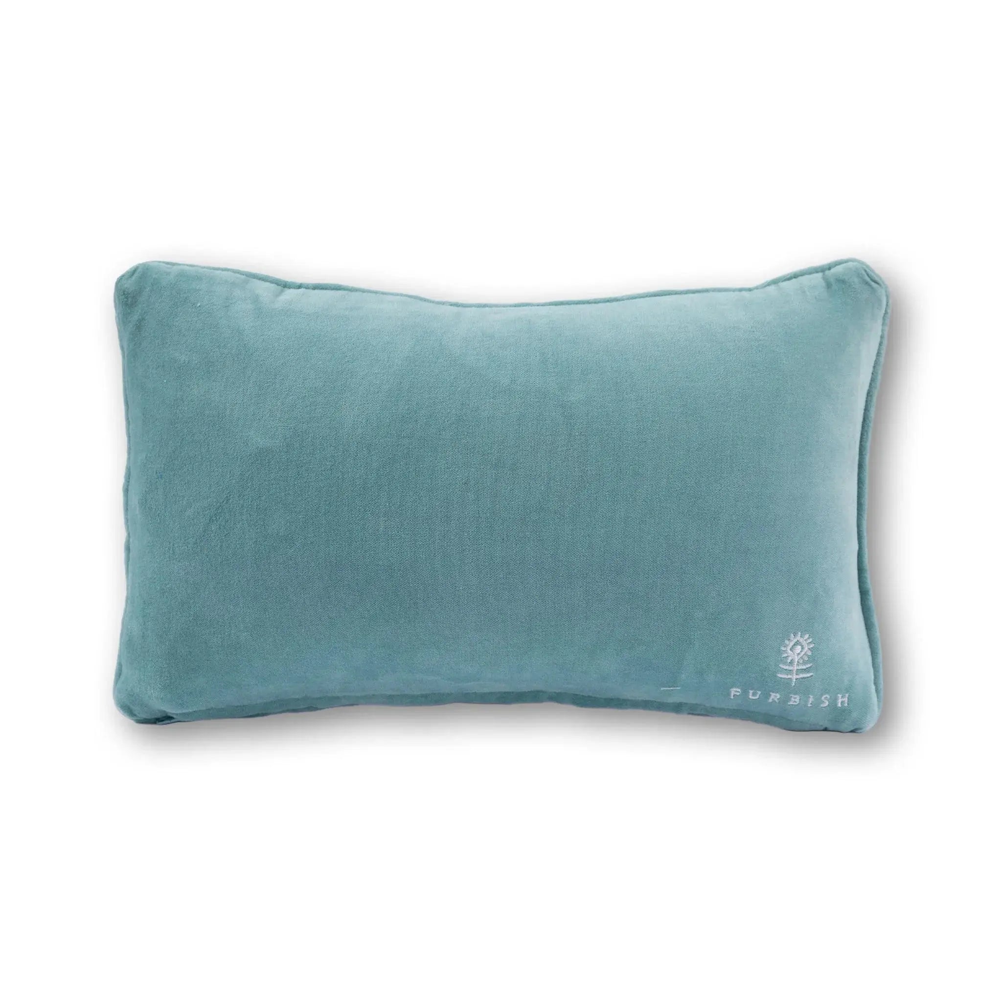 Teal pillow with a brand logo on a white background
