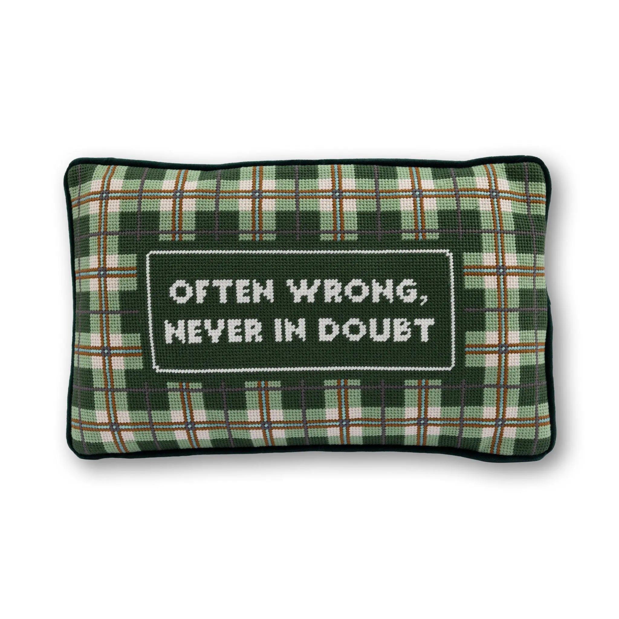 Green plaid pillow with embroidered text on a white background