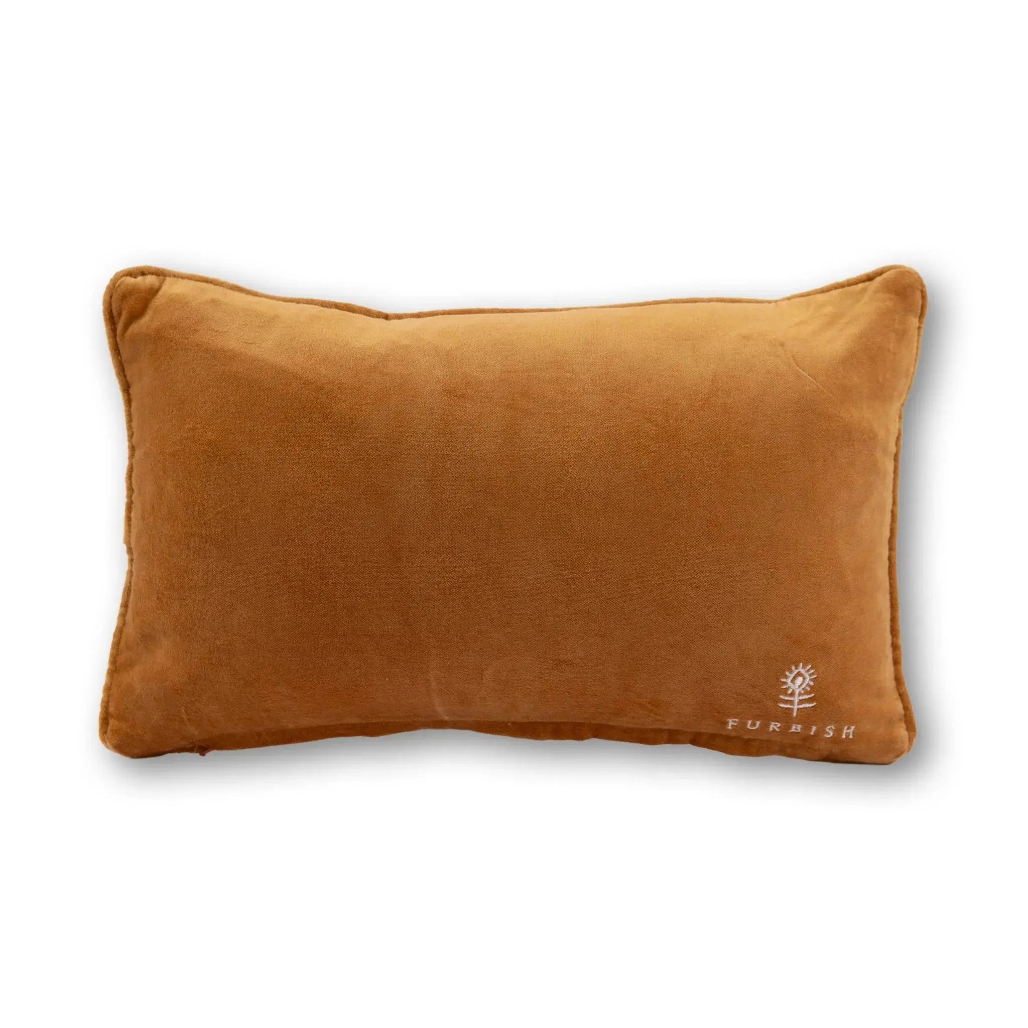 Brown pillow with a brand logo on a white background