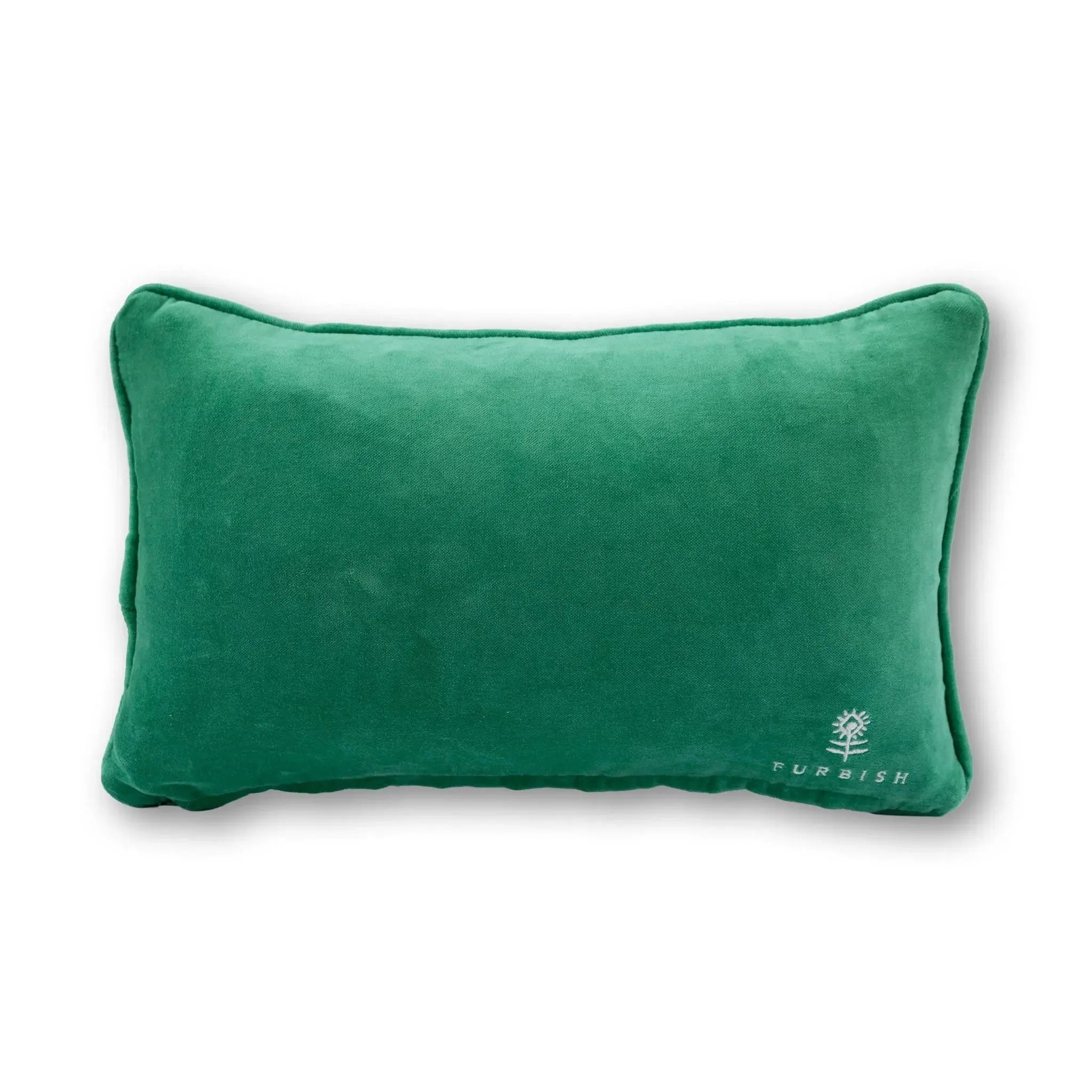Green pillow with a brand logo on a white background