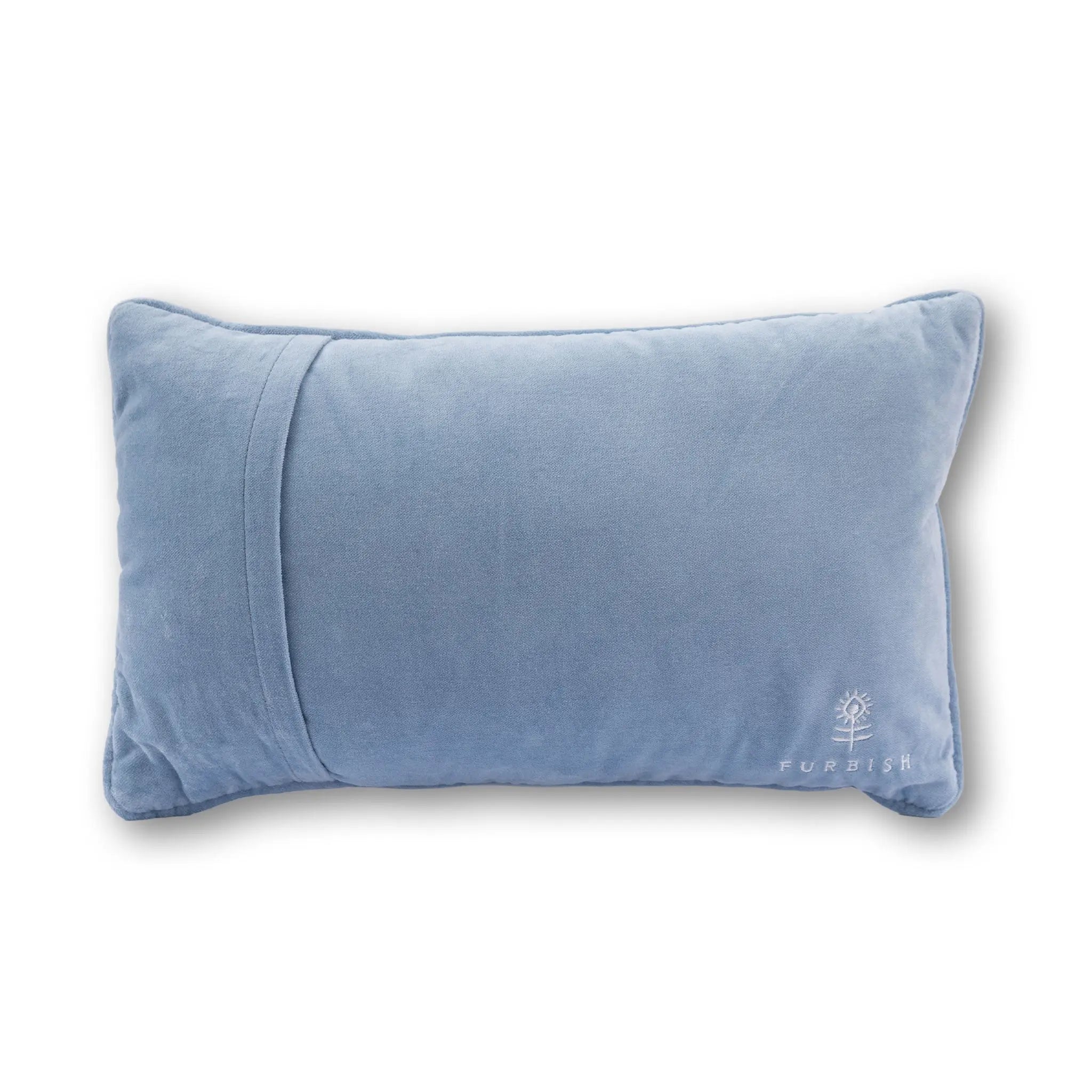 Blue pillow with a brand logo on a white background