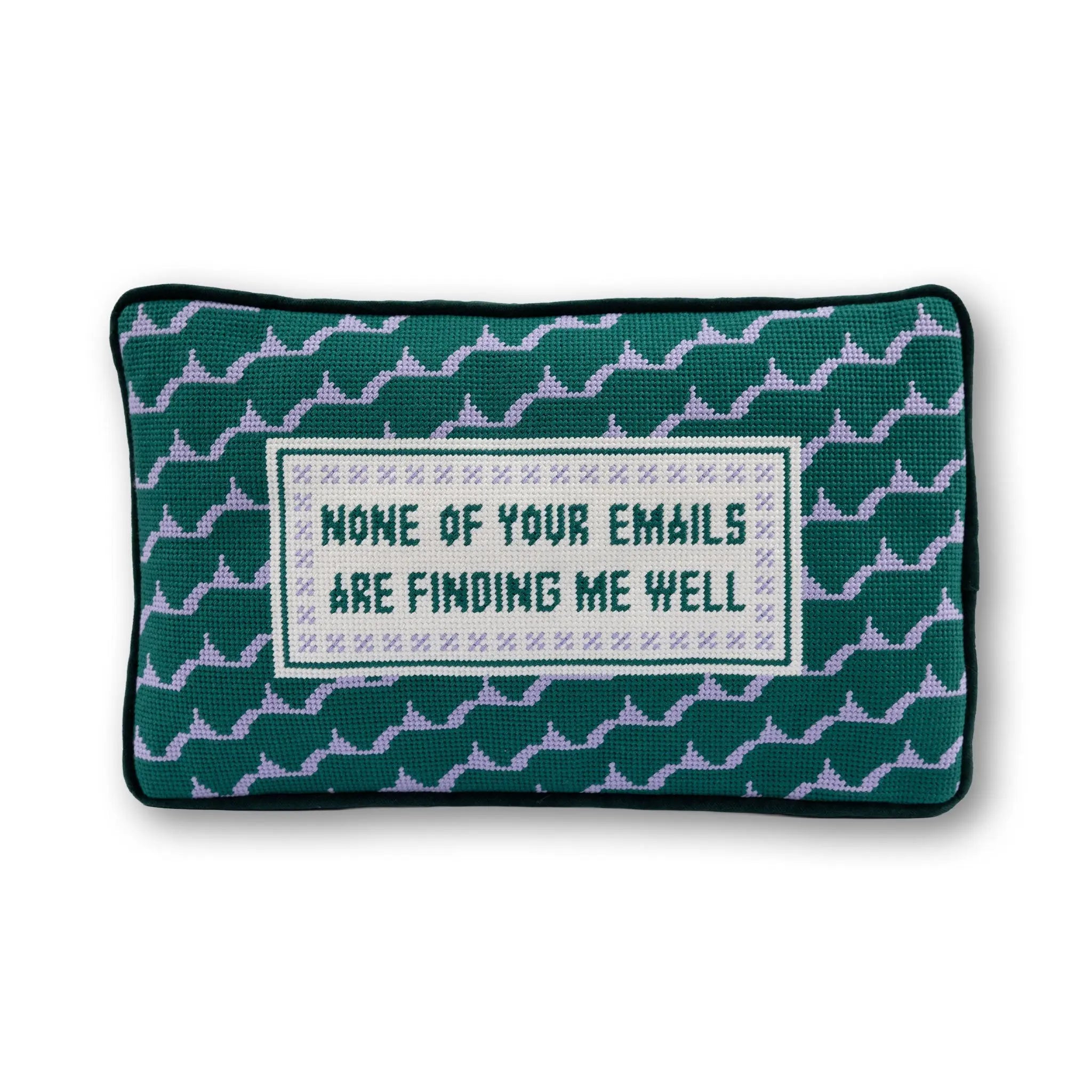 Decorative pillow with text and pattern on a white background