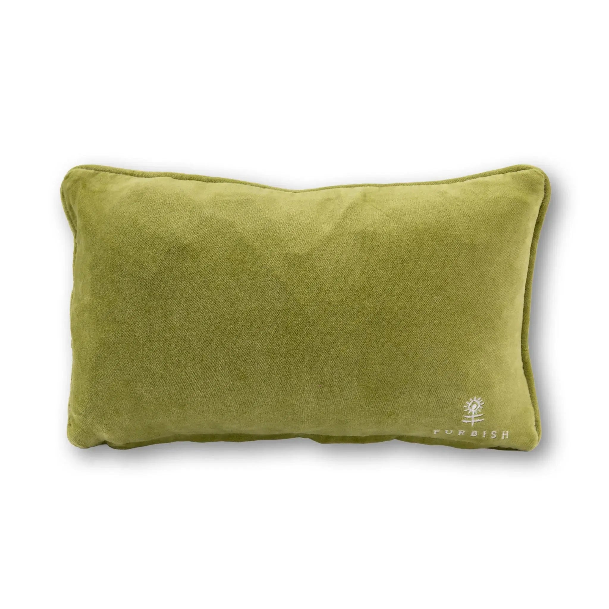 Green pillow with a brand logo on a white background