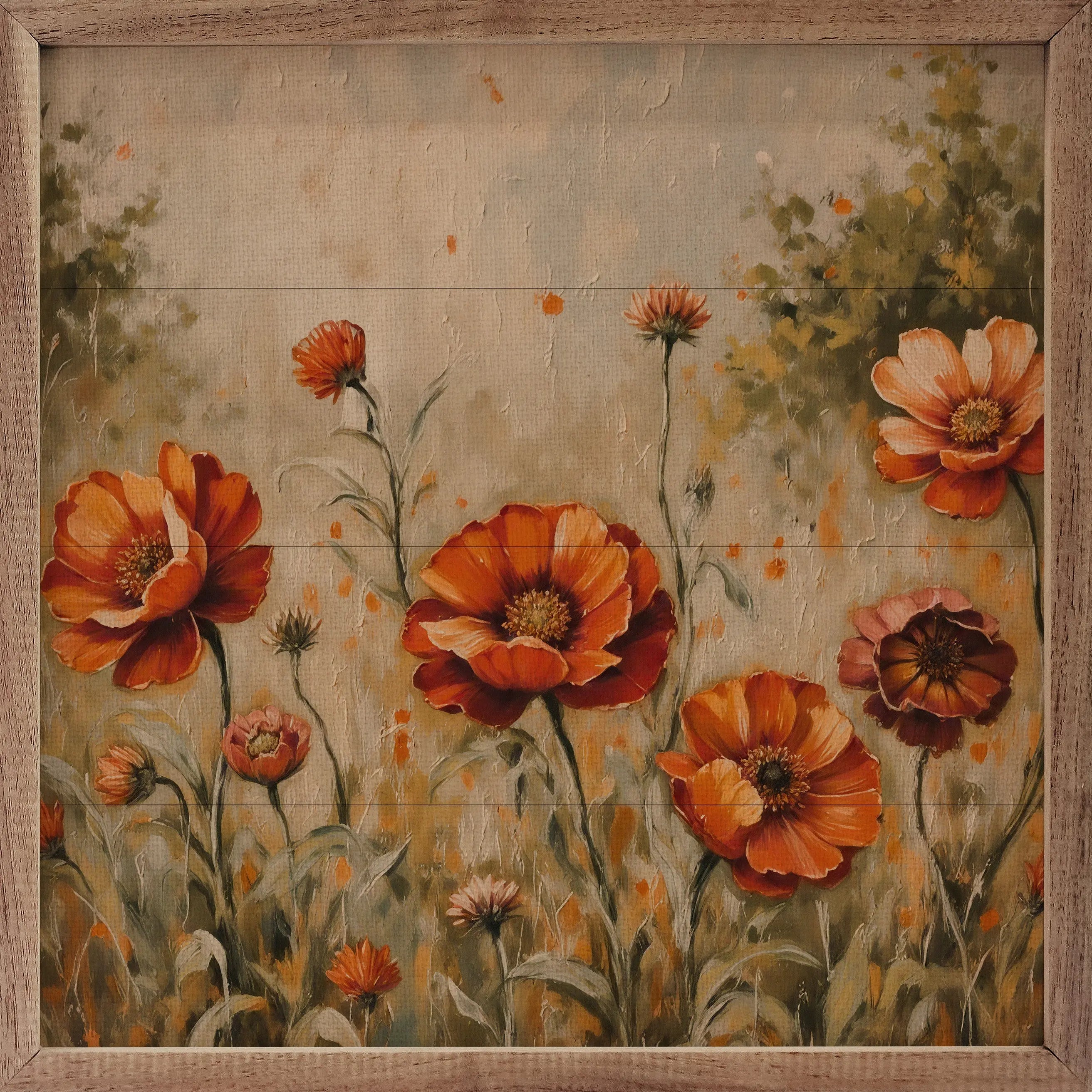 Painting of orange flowers with a wooden frame