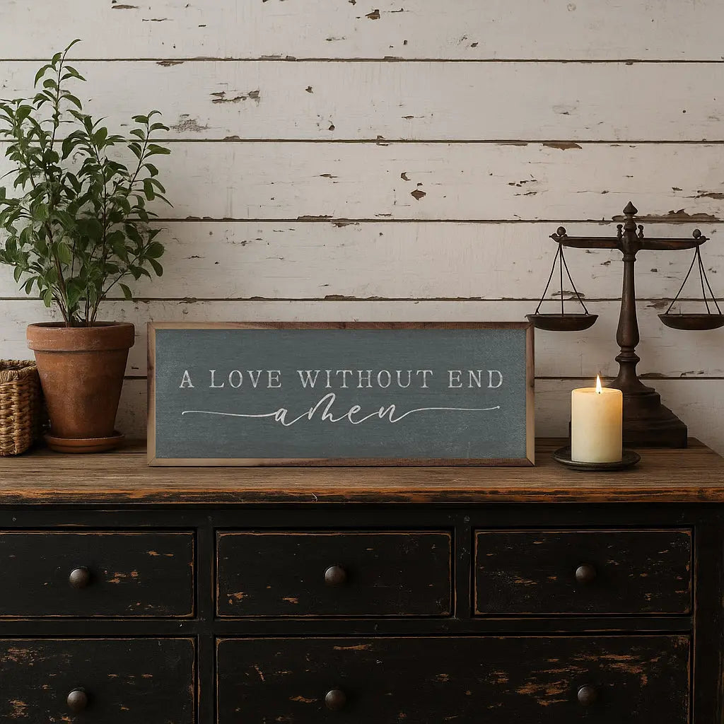 Decorative sign with 'A Love Without End Amen' on a wooden dresser with a candle and plant.