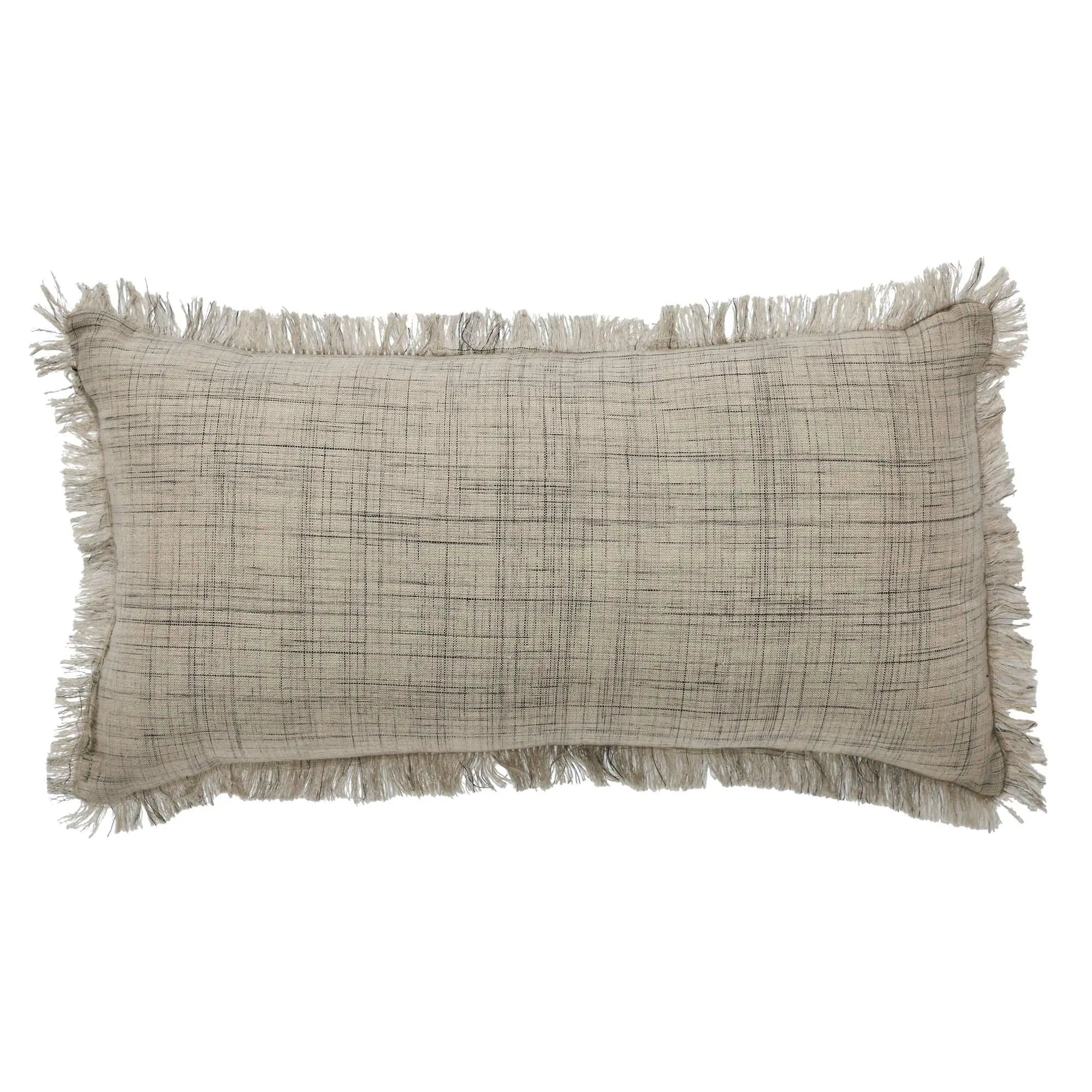 Beige plaid throw pillow with fringe, cozy farmhouse decor for living room or bedroom