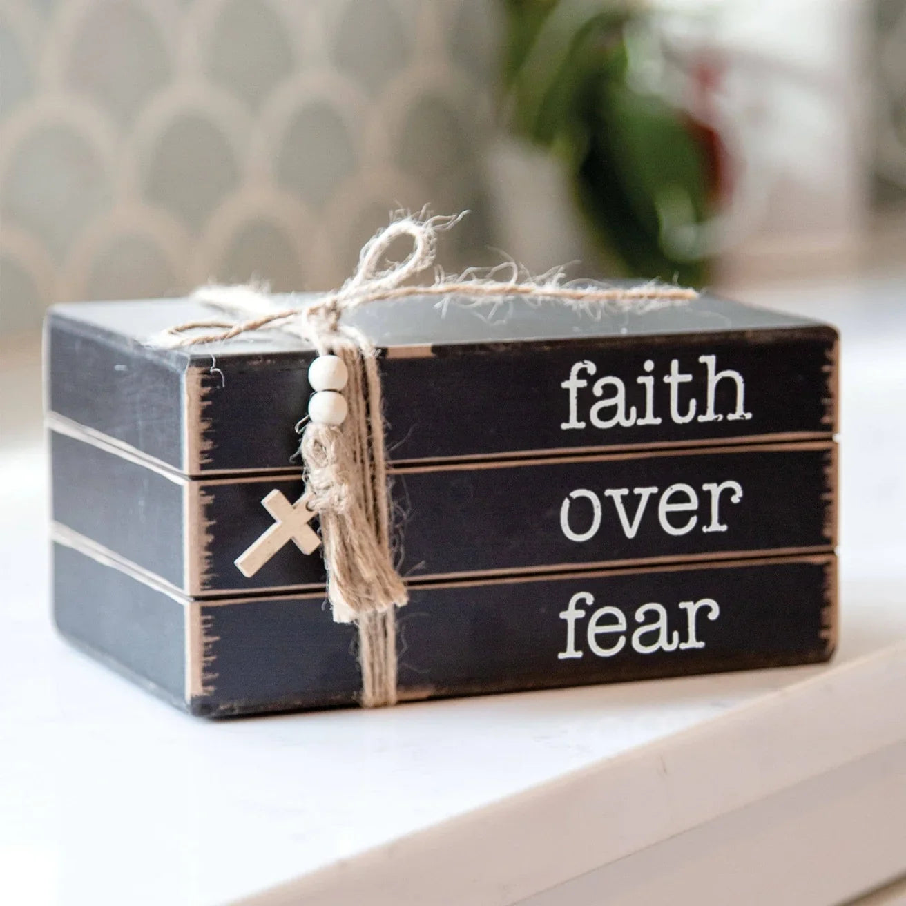 🤍 Faith Over Fear Wooden Book Stack