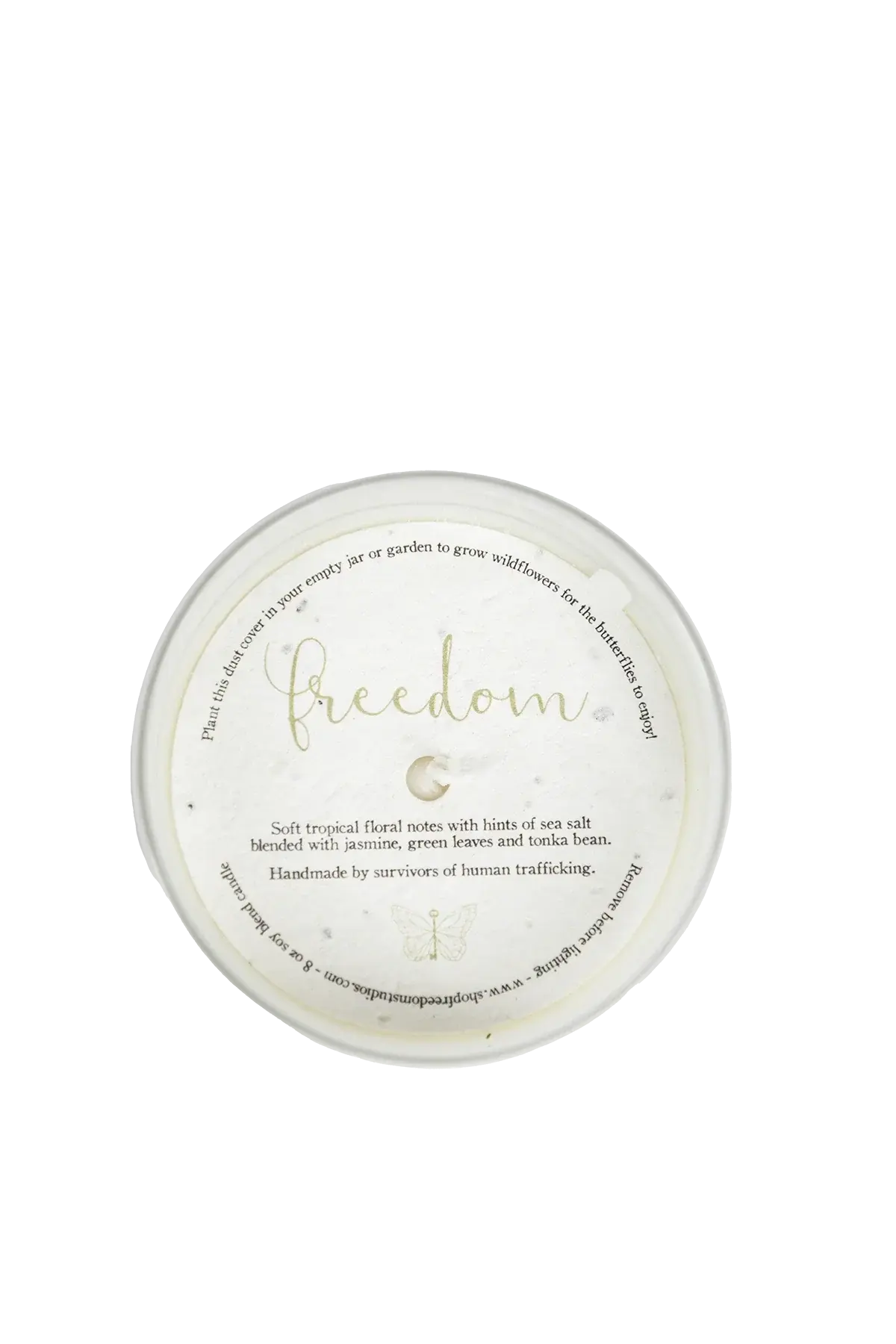 Freedom soy candle with plantable lid, tropical floral scent, handmade by survivors, cozy home decor