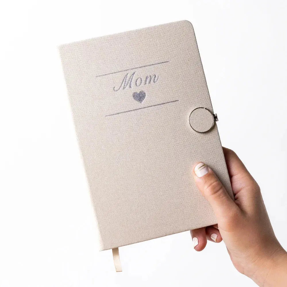 Beige linen journal with 'Mom' and heart design, perfect for cozy home gifts