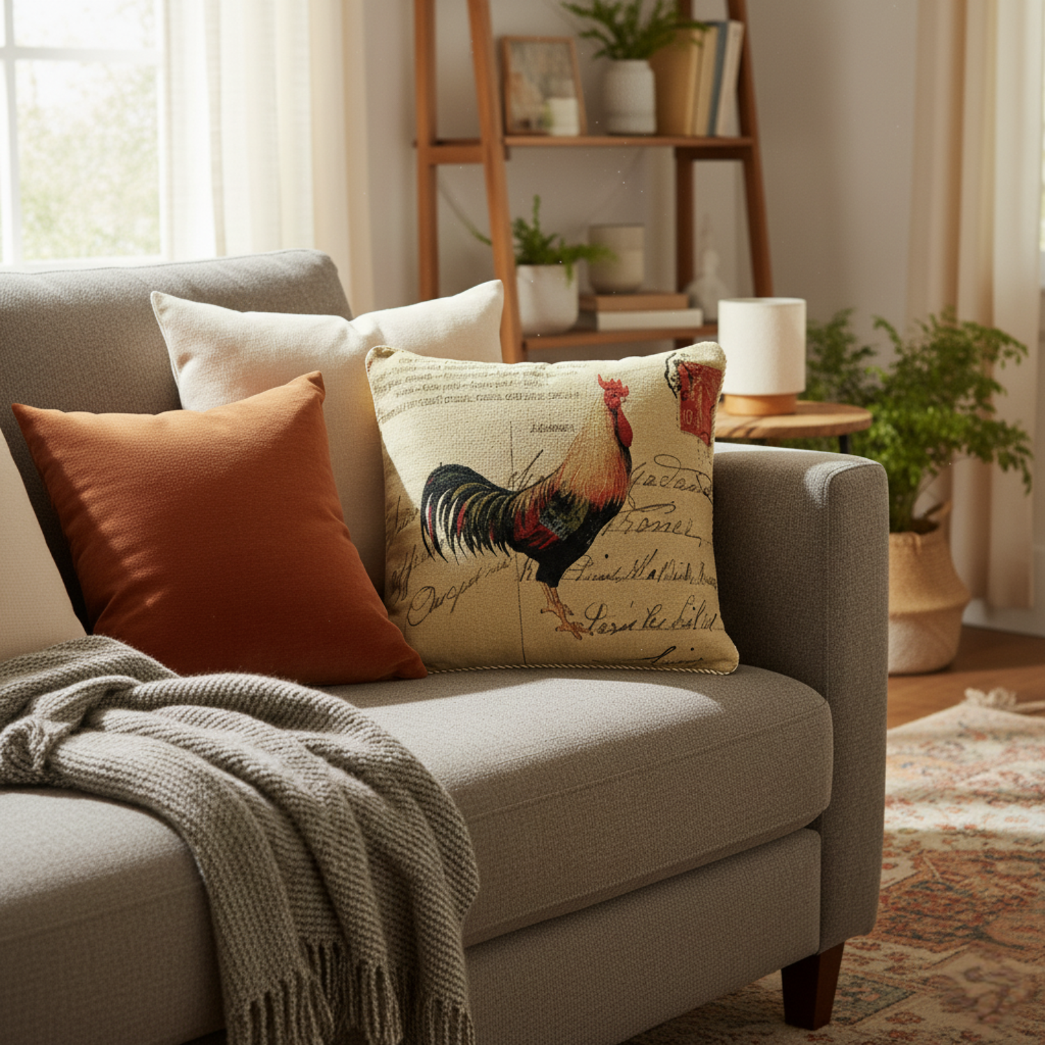 Gray sofa with decorative pillows and a blanket in a cozy living room.