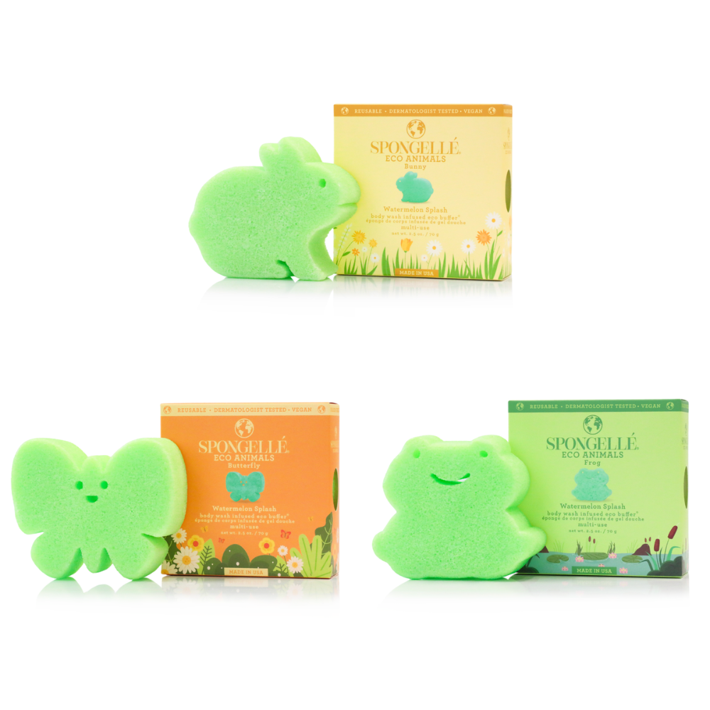 Set of green bath sponges shaped like a butterfly, frog, and rabbit with their packaging on a white background.