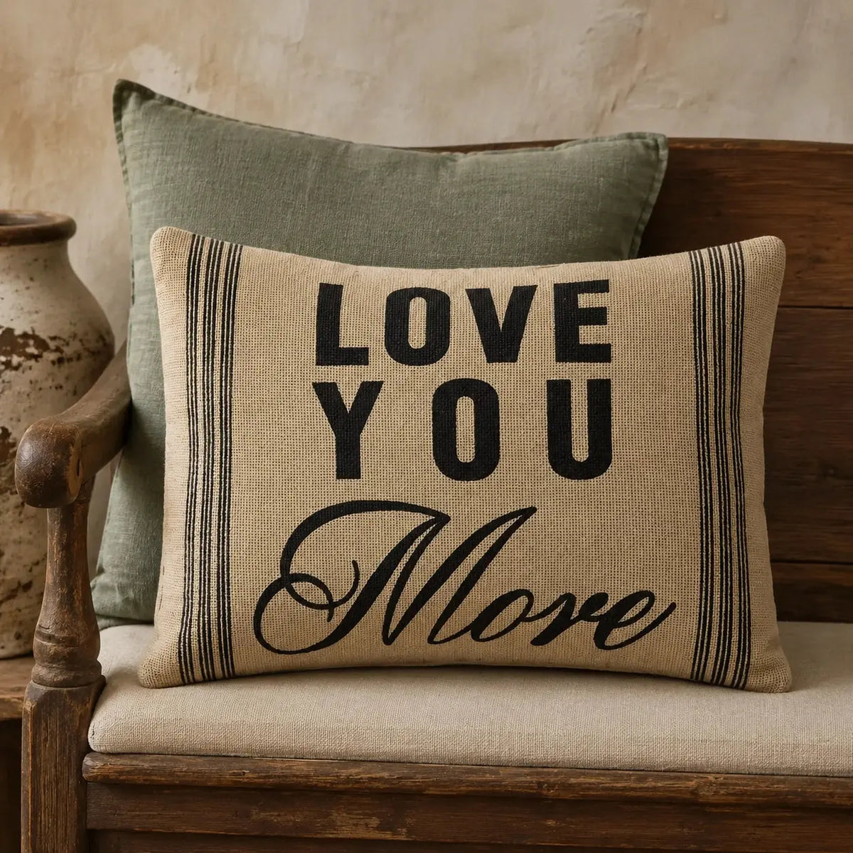 Love You More burlap pillow with black stripes, cozy farmhouse decor accent
