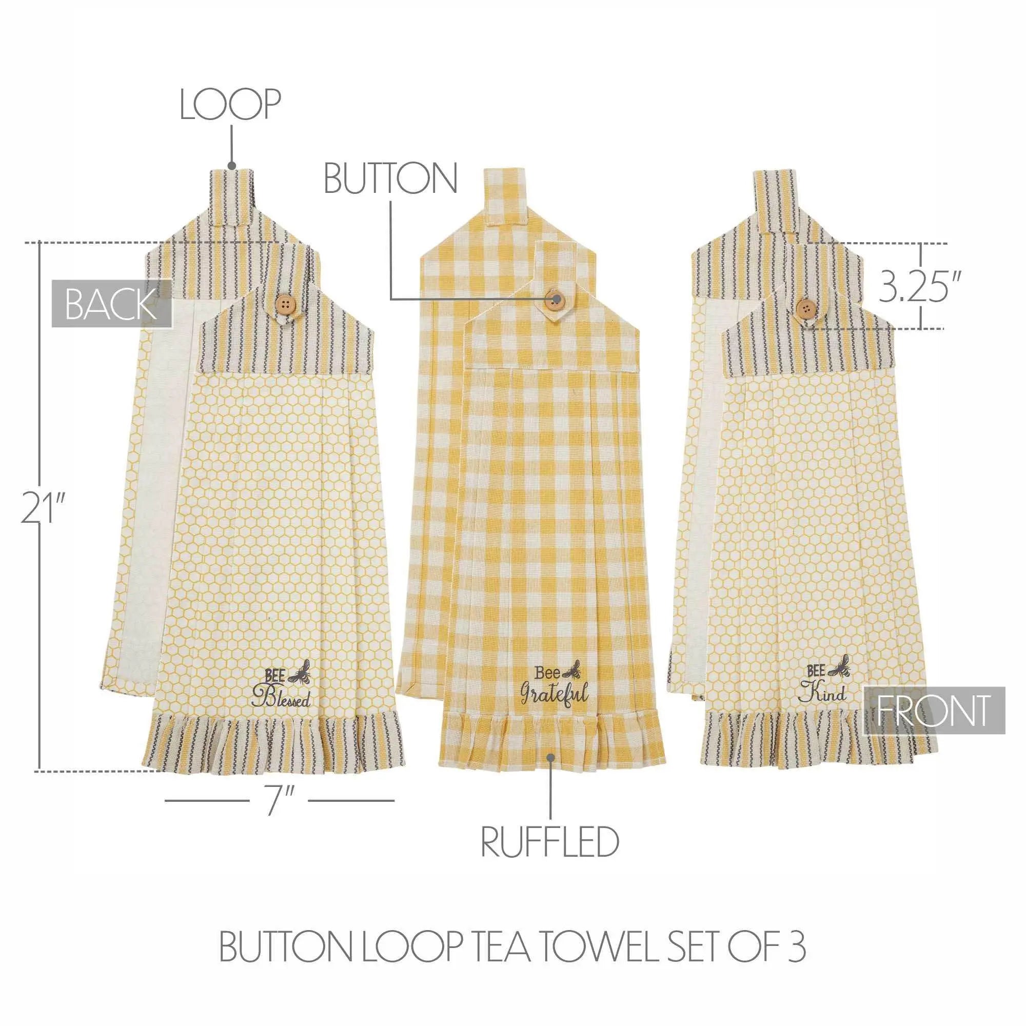 Yellow gingham and honeycomb tea towels with ruffles, button loop, and 'Bee Kind' sayings — farmhouse kitchen decor set of 3