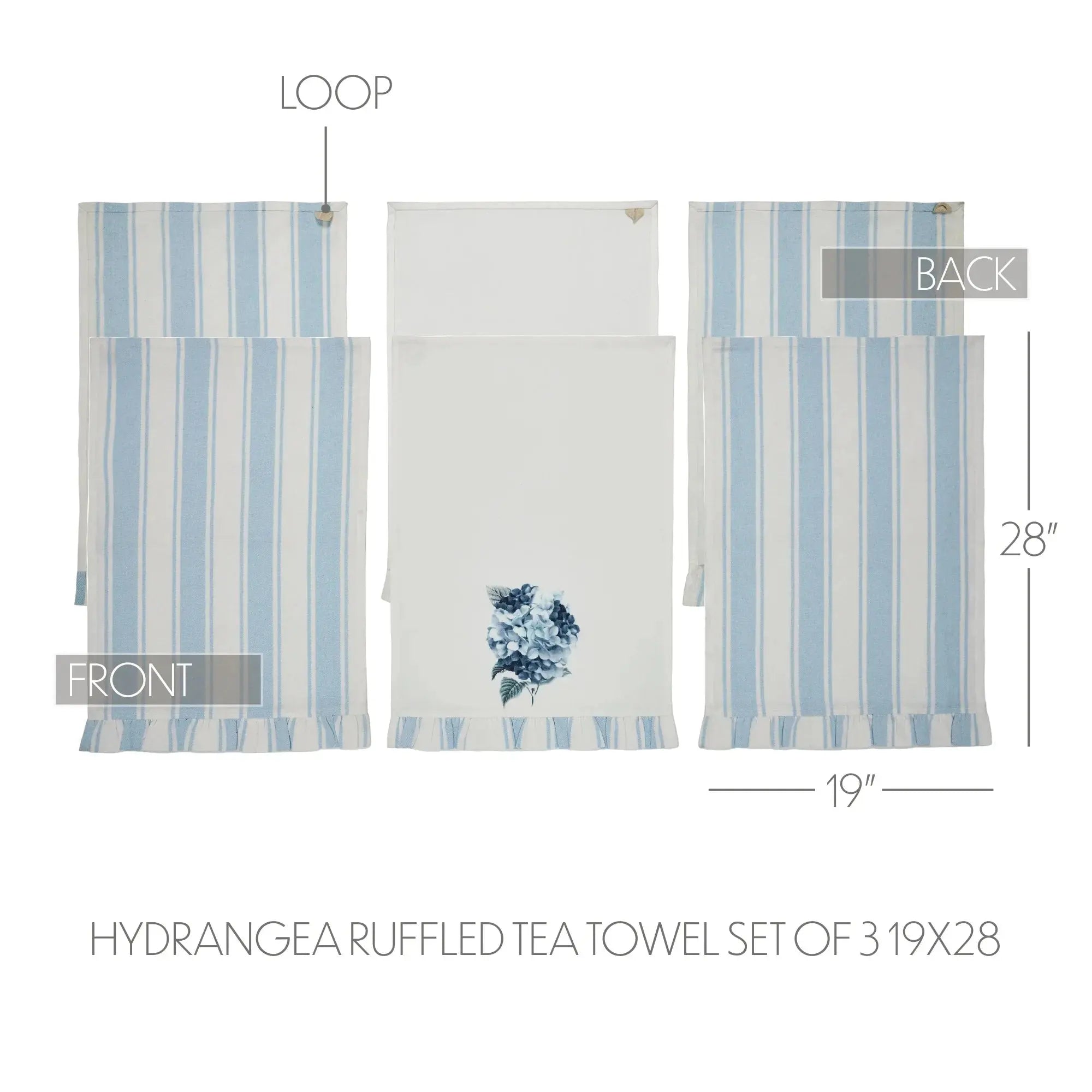 Set of three ruffled tea towels with blue and white stripes and a floral design, labeled 'Front', 'Loop', and 'Back'.