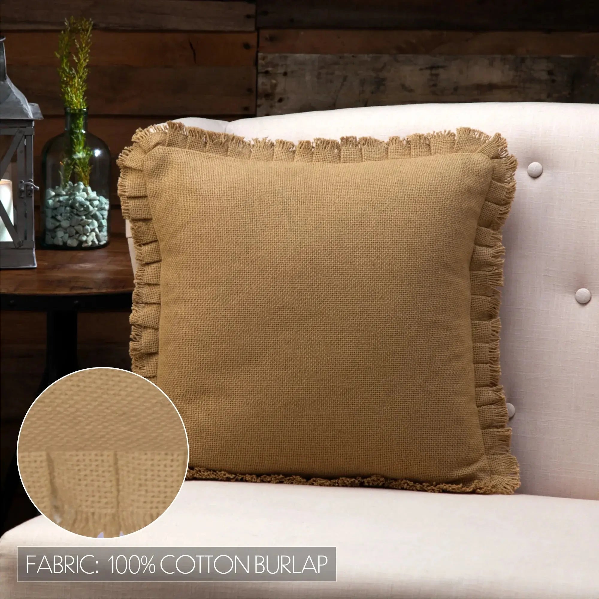 Rustic burlap throw pillow with fringed edges, 100% cotton, perfect for farmhouse or cottage decor