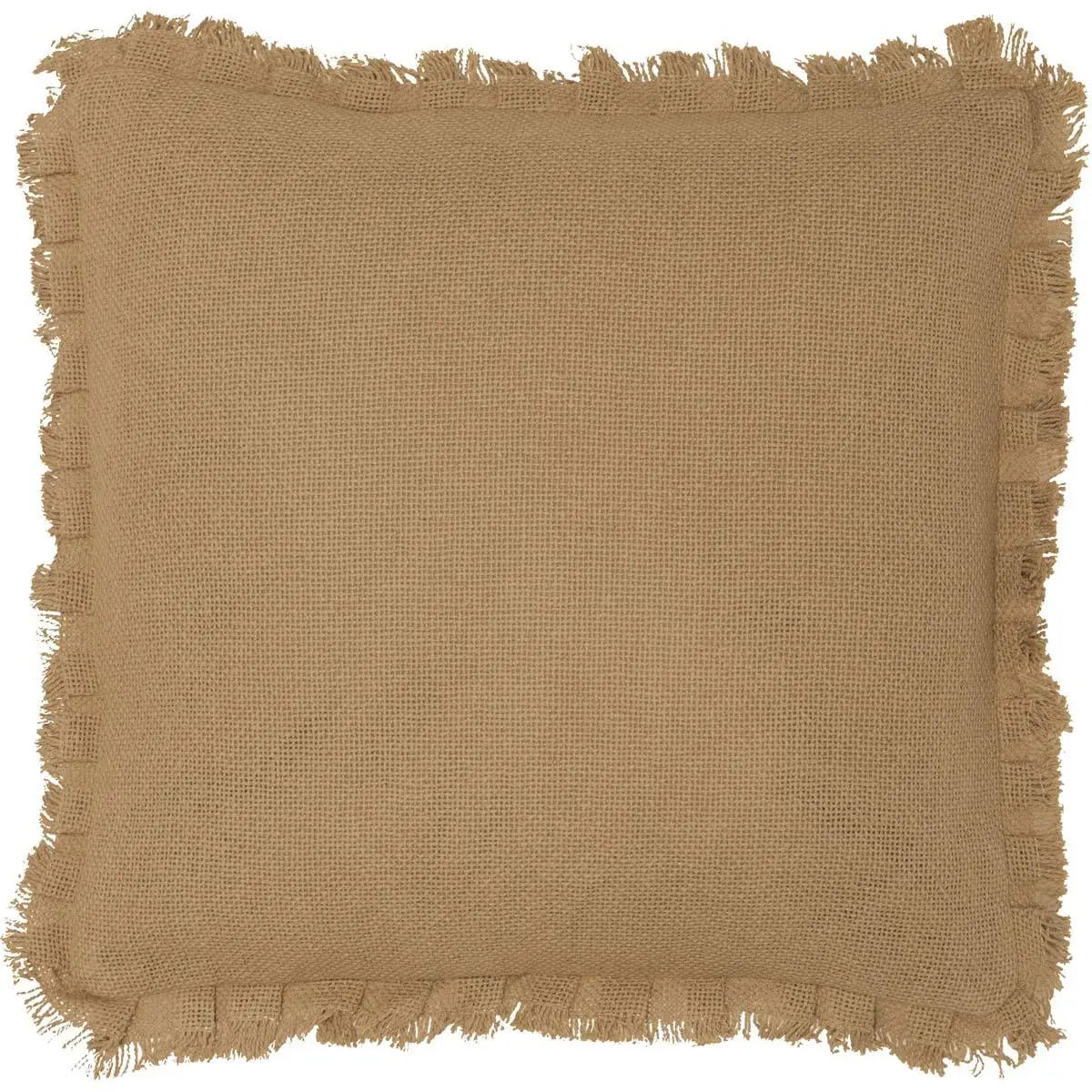 Rustic burlap throw pillow with frayed edges, perfect for farmhouse or cottage style decor