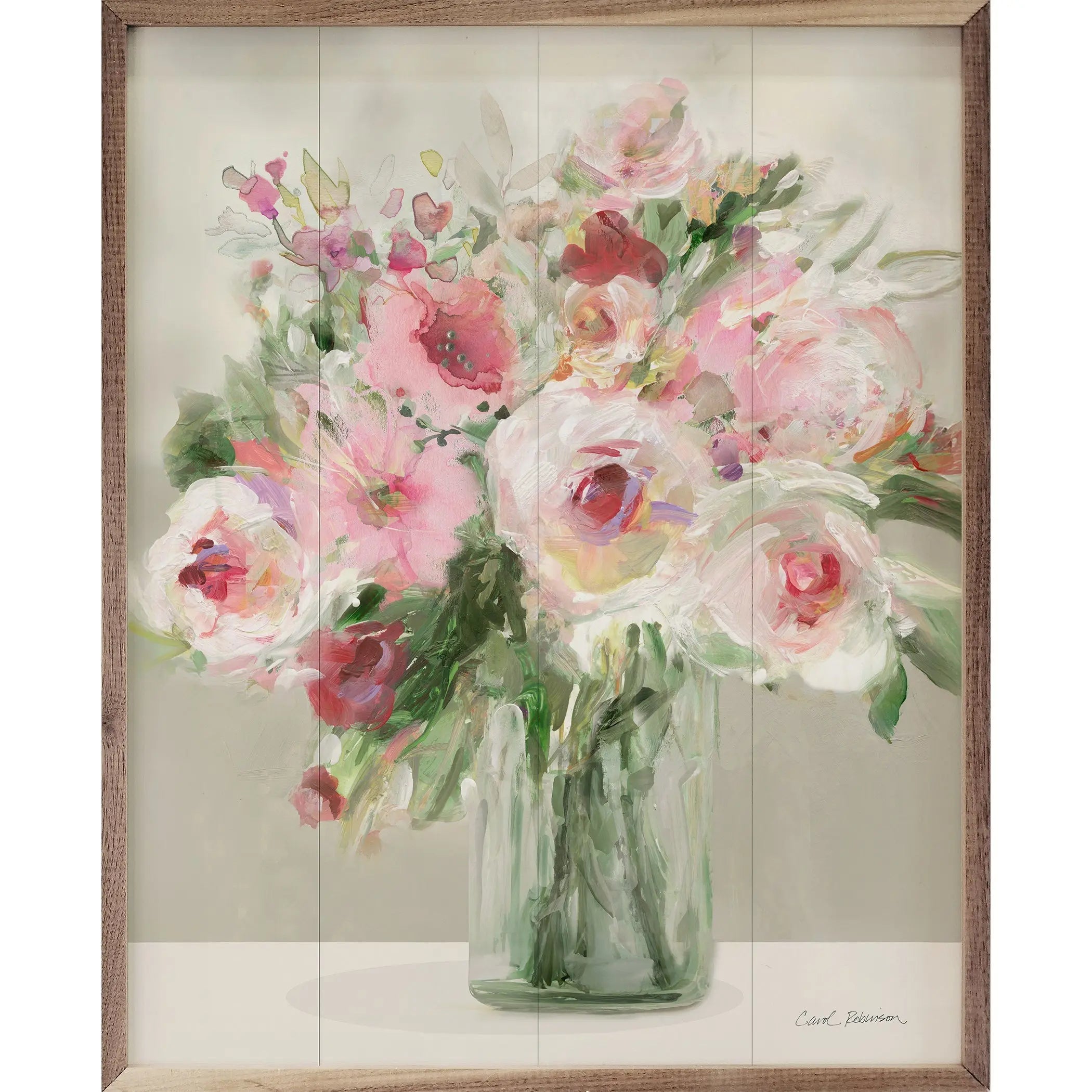 Framed artwork of a bouquet of flowers in a glass vase on a textured beige background.