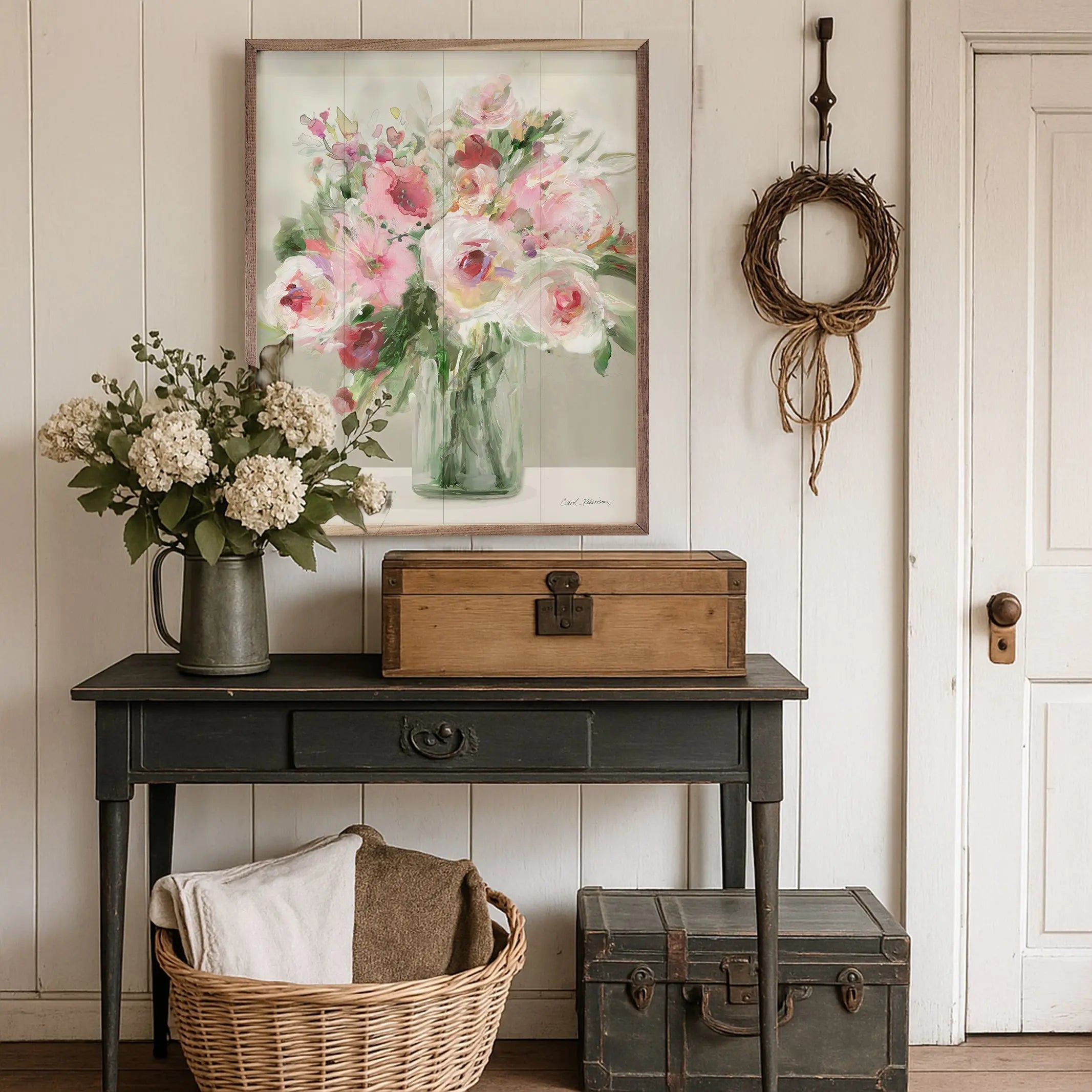 Nostalgic interior with a wooden table, floral arrangements, and decorative items.