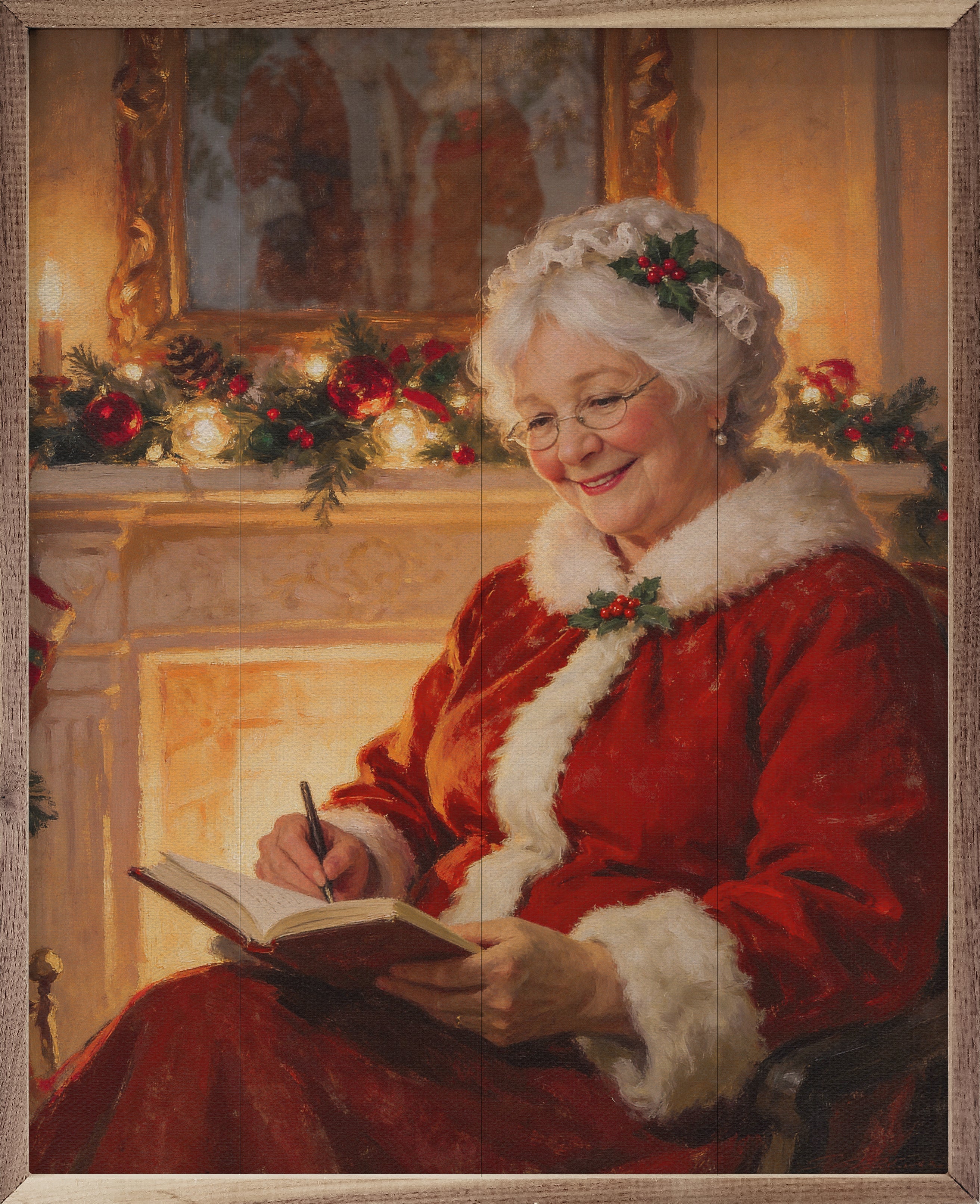 Mrs. Claus in a festive outfit sitting by a fireplace with Christmas decorations and her journal.