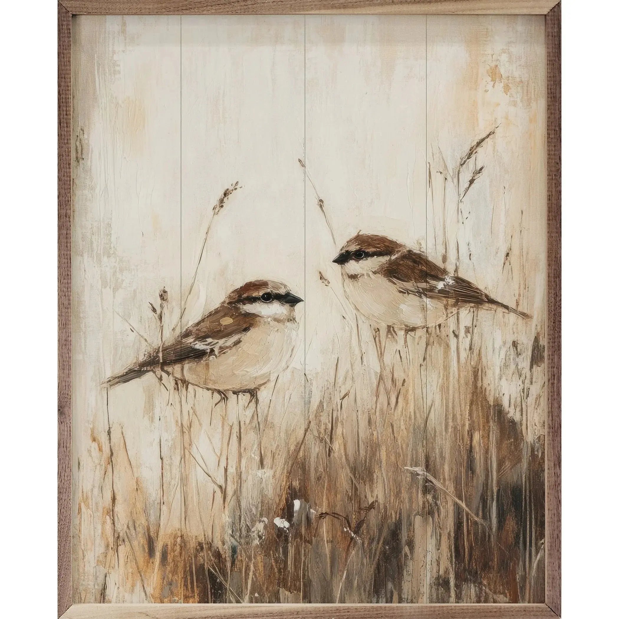 Framed farmhouse wall art with two sparrows in tall grass, cozy cottage decor