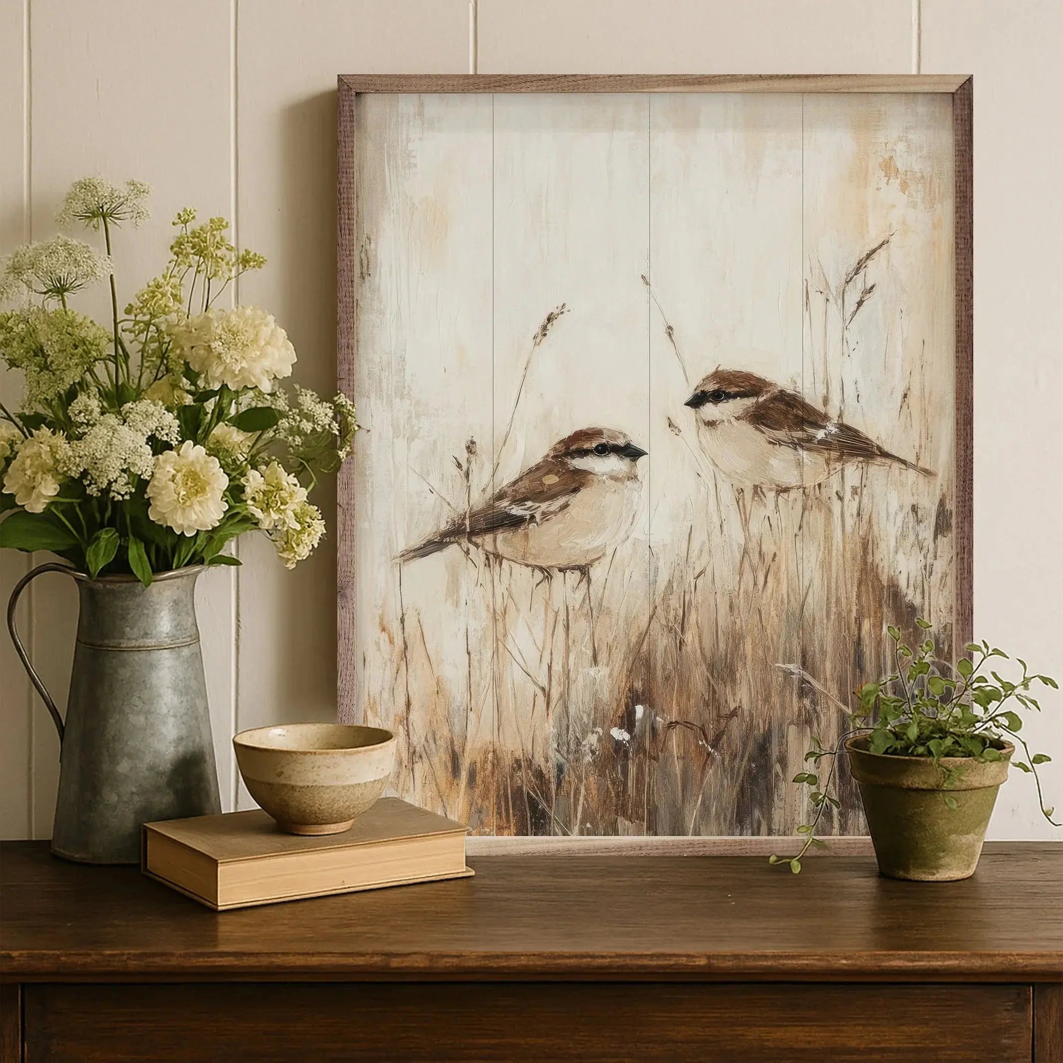 Rustic farmhouse wall art featuring two birds in tall grass, perfect for cozy cottage decor