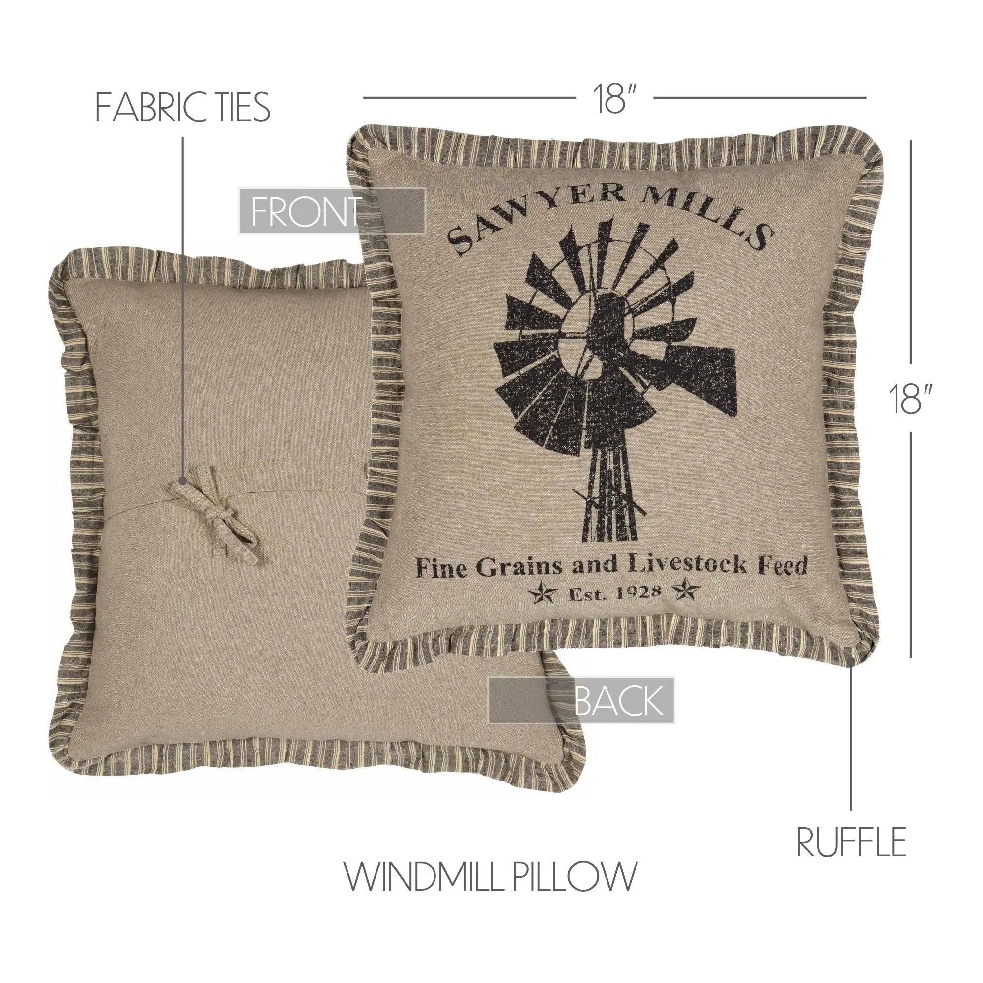 Farmhouse windmill pillow with ruffle trim, 18-inch square, cozy cottage decor with fabric ties